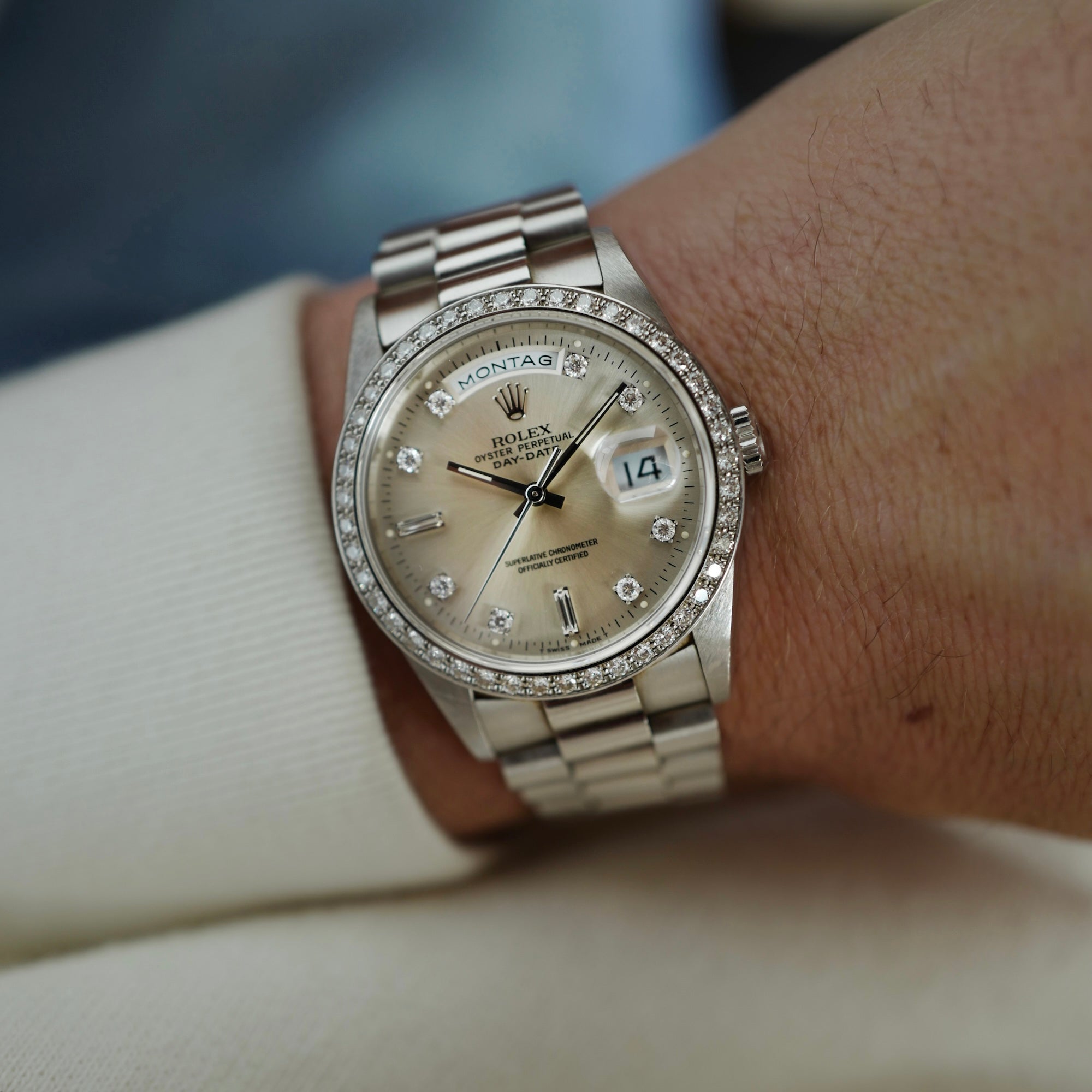 Rolex - Rolex Platinum Day Date Ref. 18346 with German Day Wheel and Super Condition (New Arrival) - The Keystone Watches