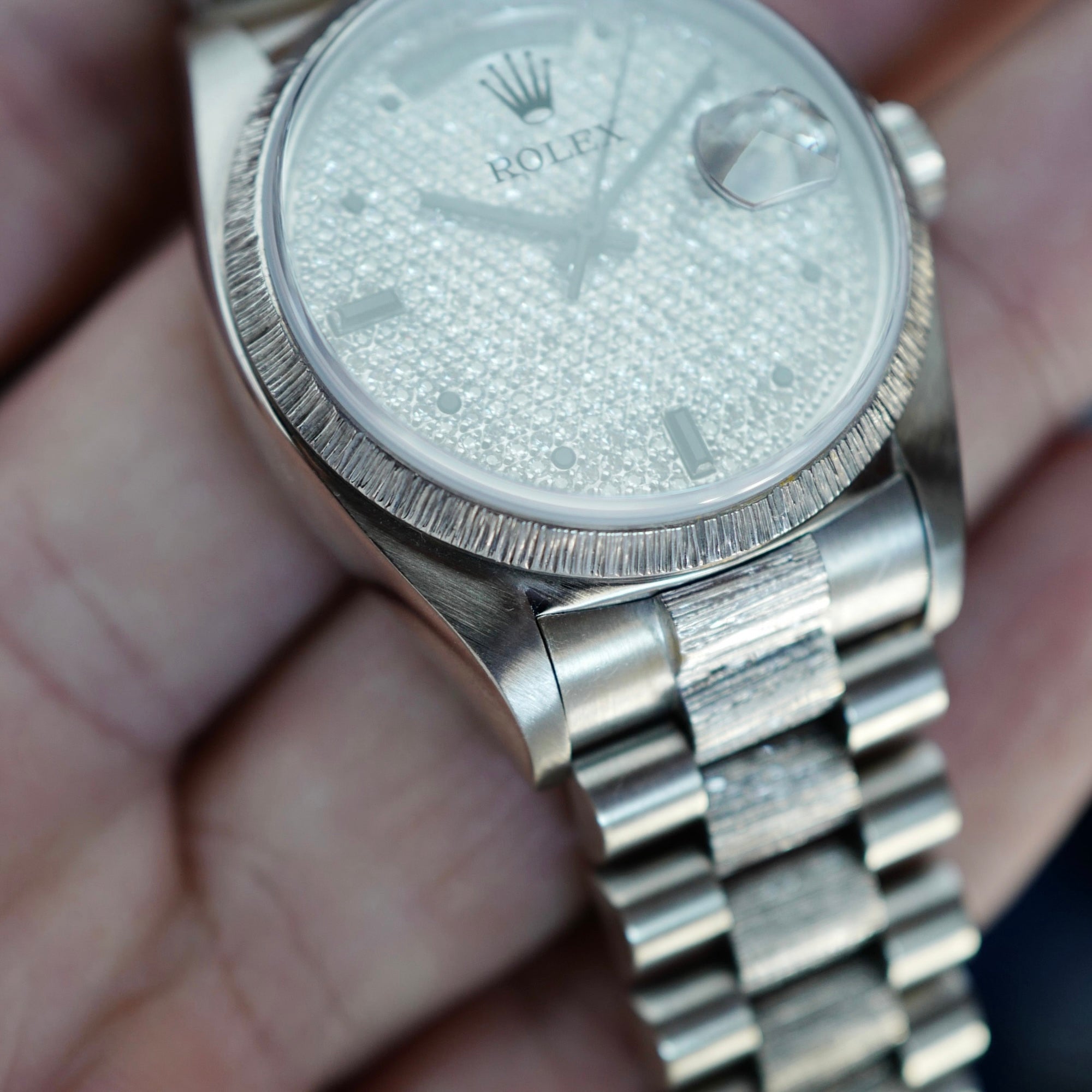 Rolex - Rolex White Gold Day-Date Bark Pave Diamond Watch Ref. 18079 - The Keystone Watches