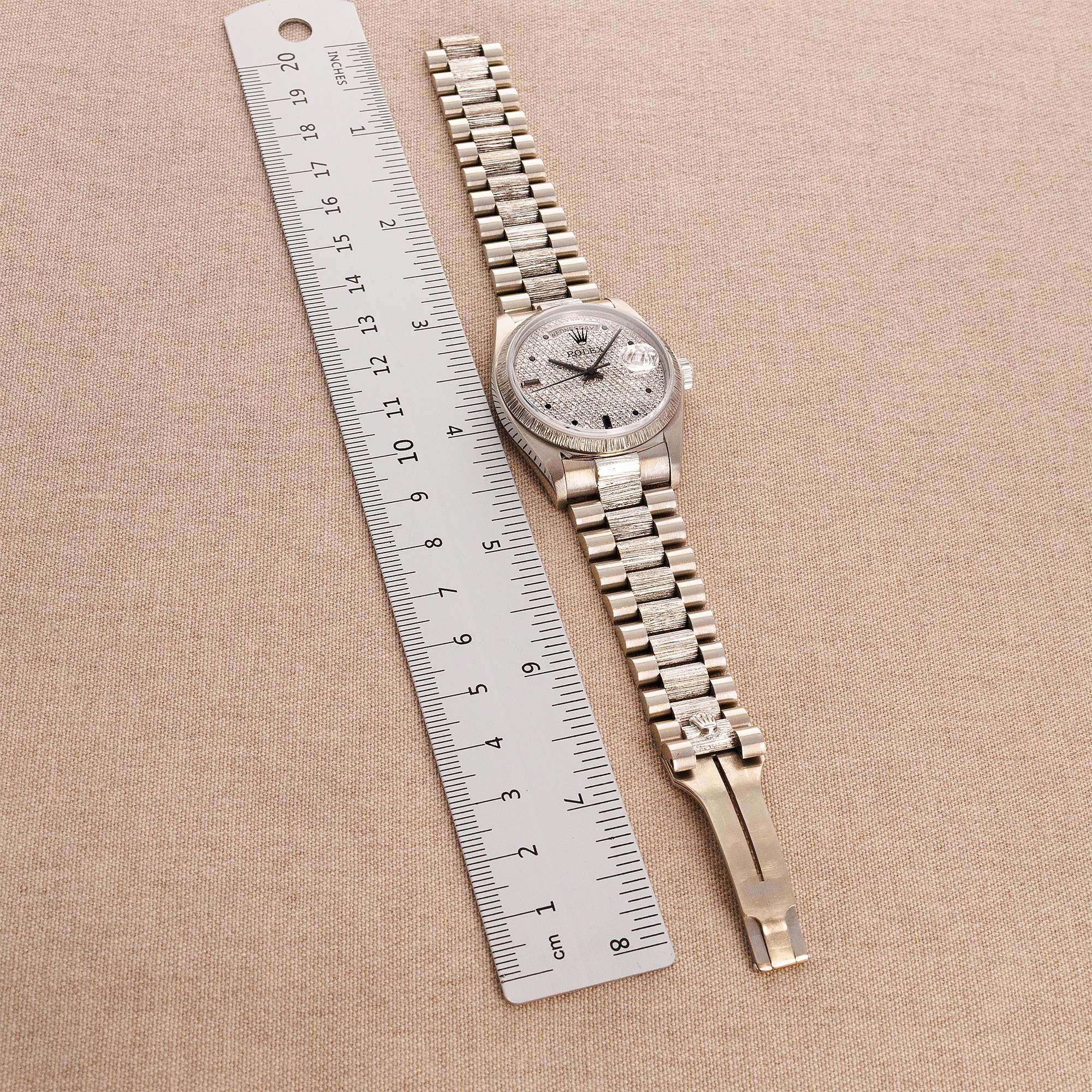 Rolex - Rolex White Gold Day-Date Bark Pave Diamond Watch Ref. 18079 - The Keystone Watches