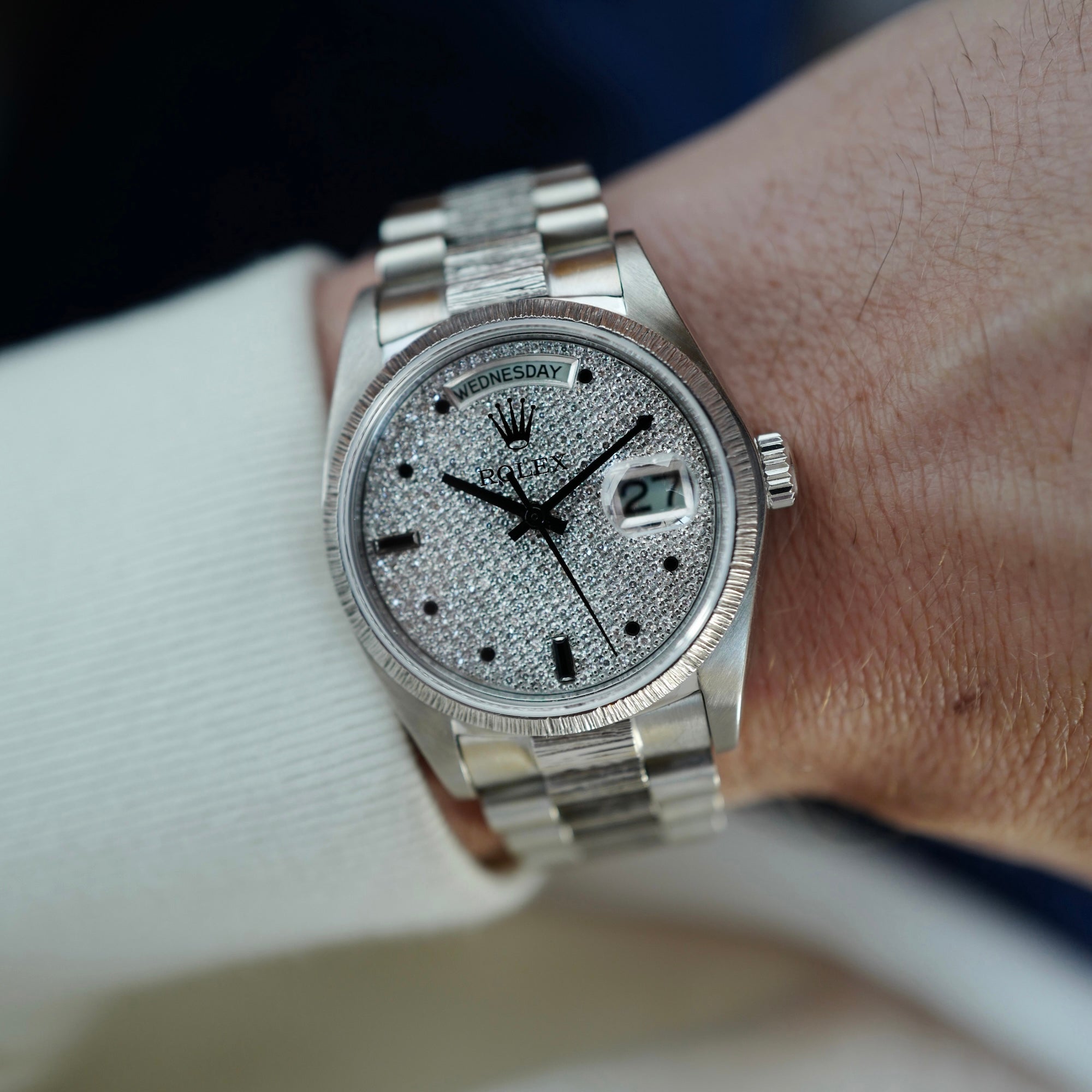 Rolex - Rolex White Gold Day-Date Bark Pave Diamond Watch Ref. 18079 - The Keystone Watches