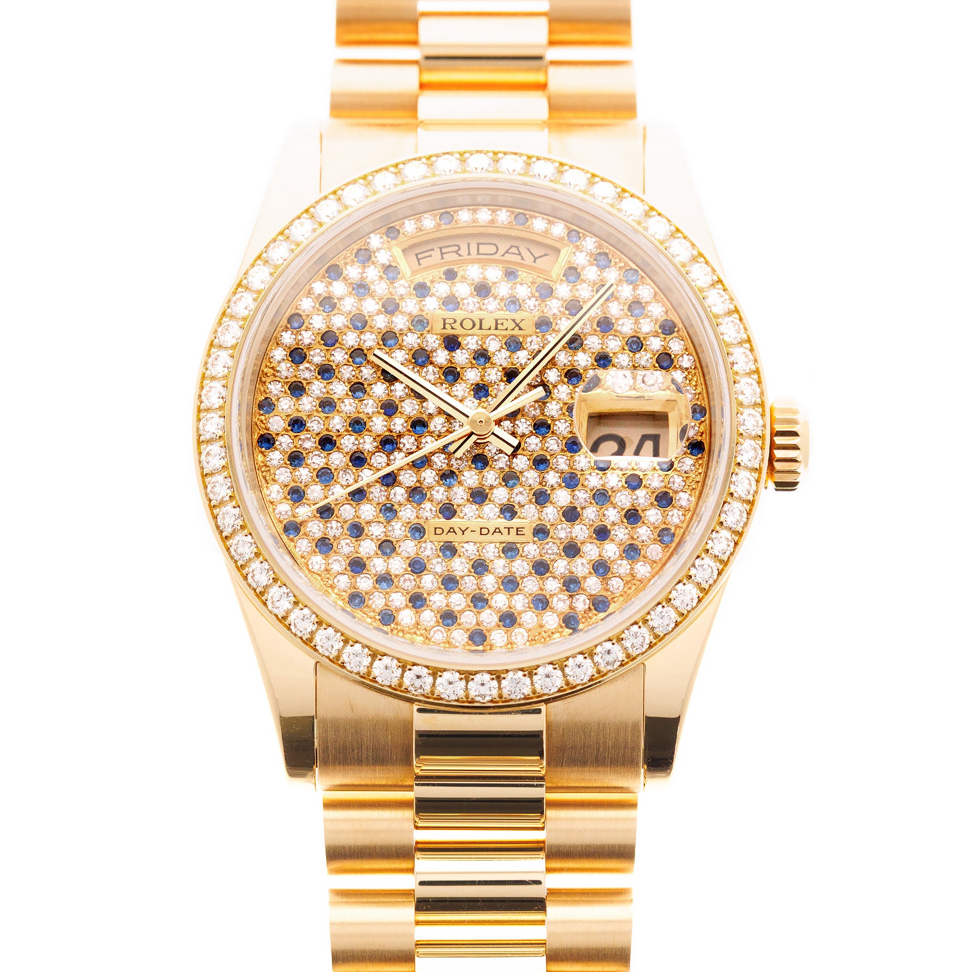 Rolex Yellow Gold Day-Date Rare Diamond & Sapphire Dial Watch Ref. 118348