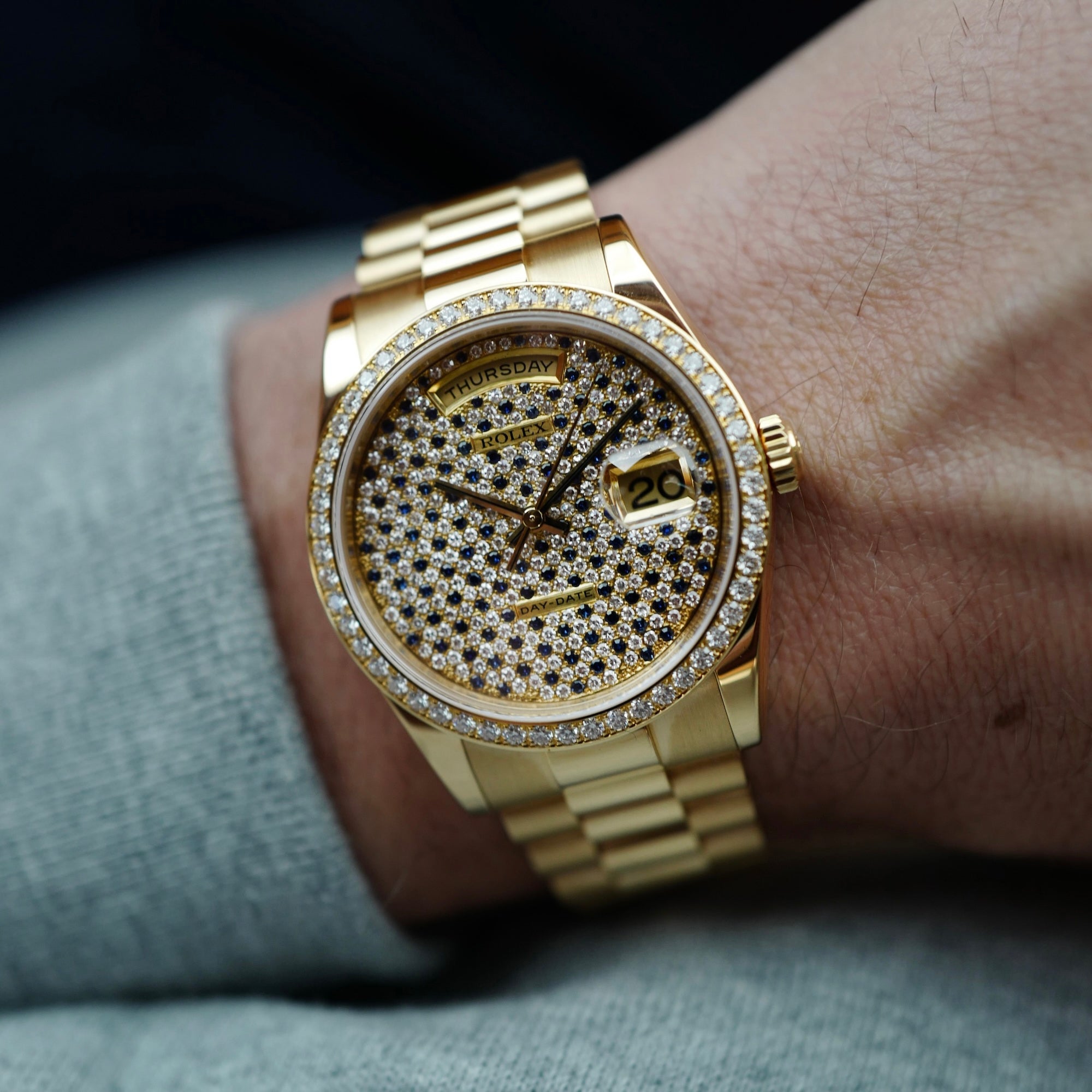 Rolex - Rolex Yellow Gold Day-Date Rare Diamond & Sapphire Dial Watch Ref. 118348 (New Arrival) - The Keystone Watches