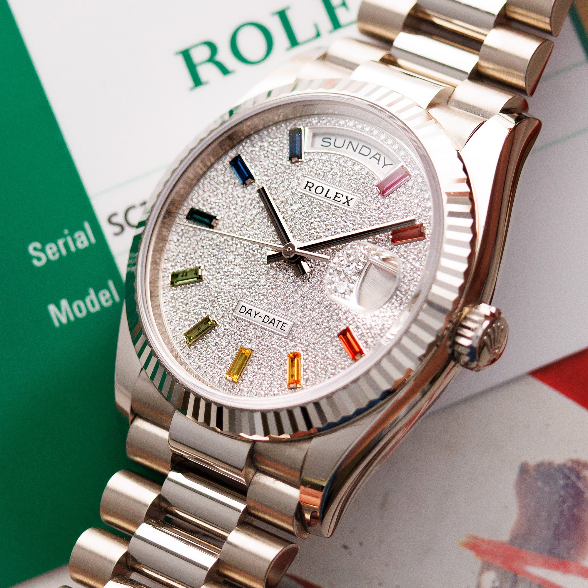 Rolex - Rolex White Gold Day Date Ref. 128239 with Rainbow Markers - The Keystone Watches