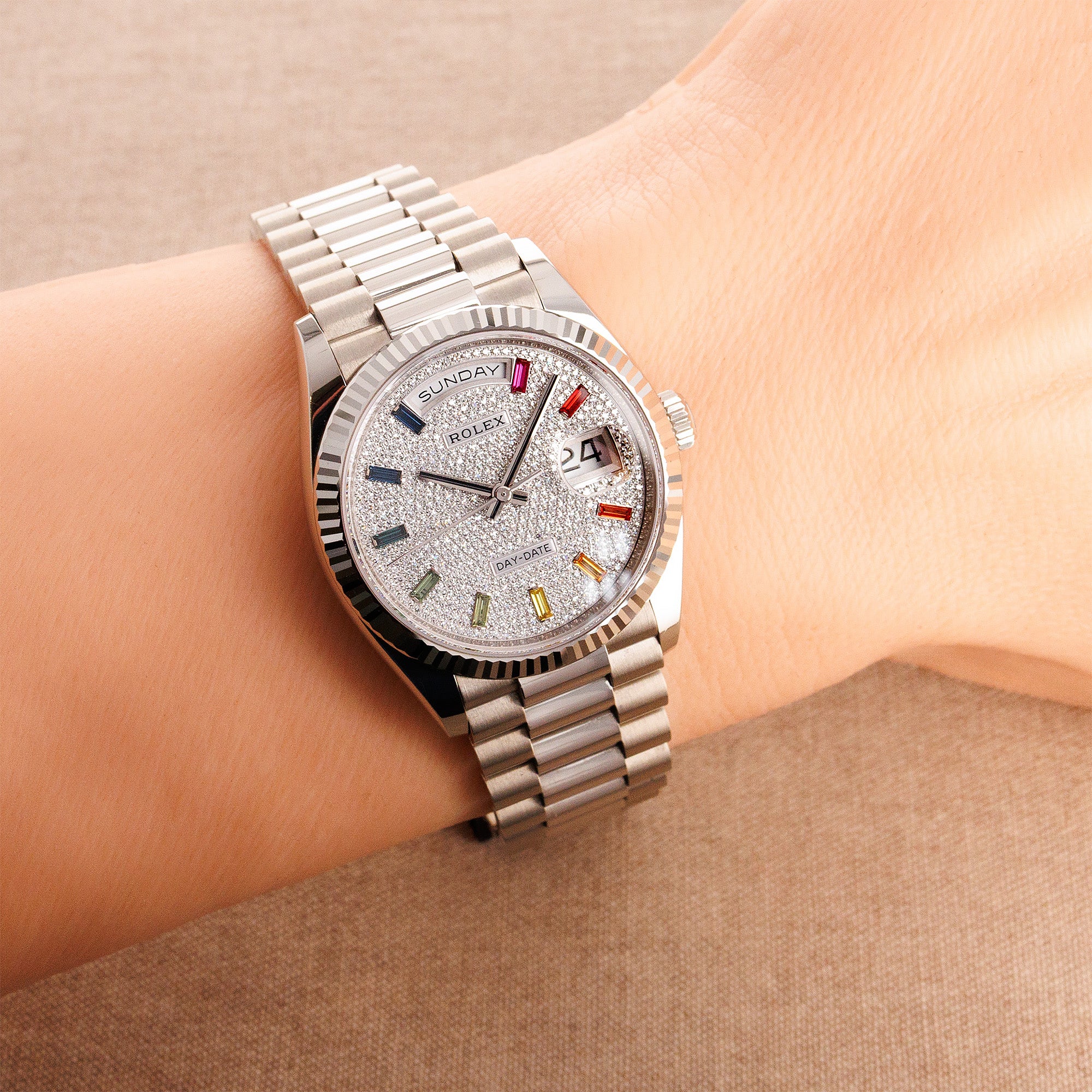 Rolex - Rolex White Gold Day Date Ref. 128239 with Rainbow Markers - The Keystone Watches