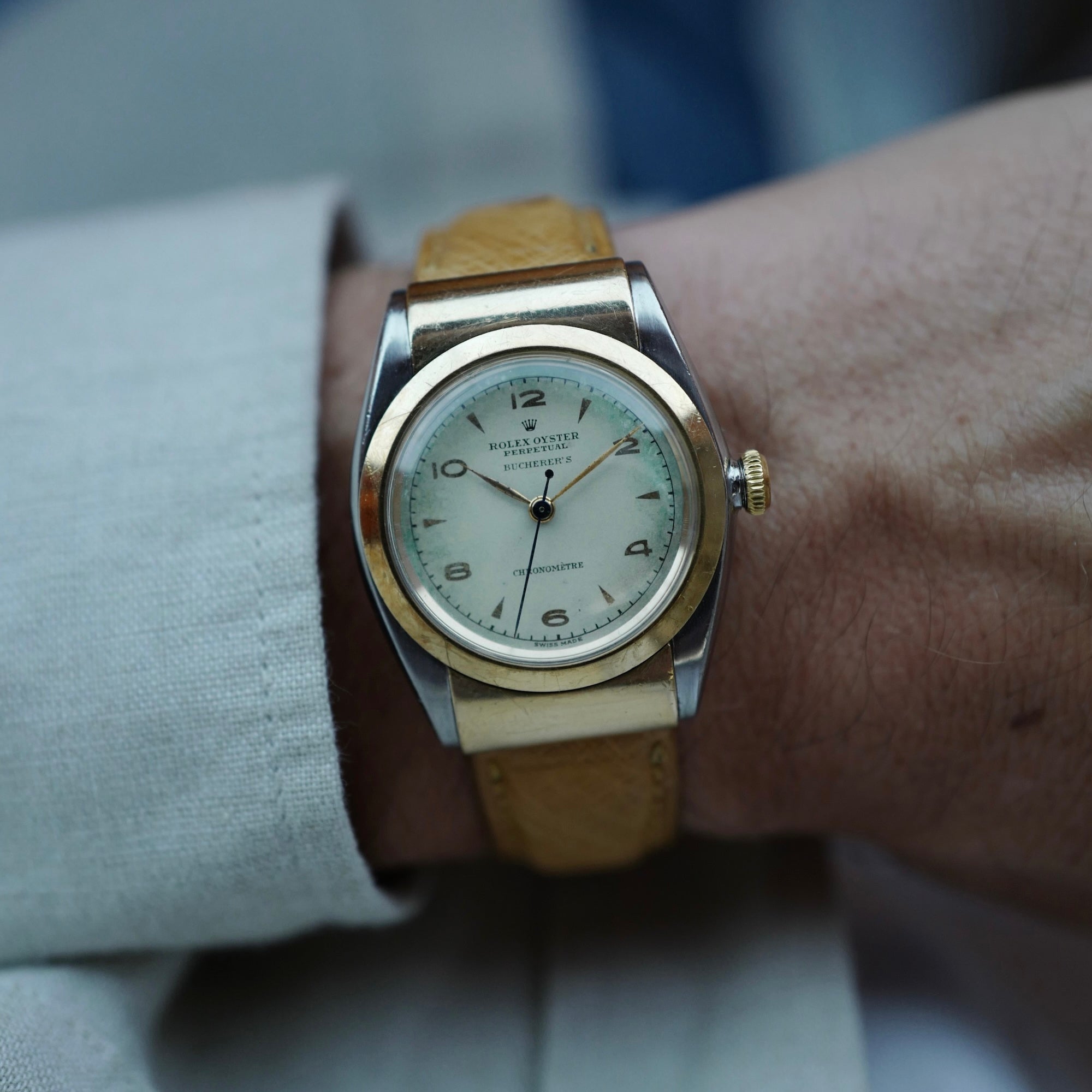 Rolex Two-Tone Oyster Perpetual Hooded Bubbleback Ref. 3065, Retailed by Bucherers (New Arrival)