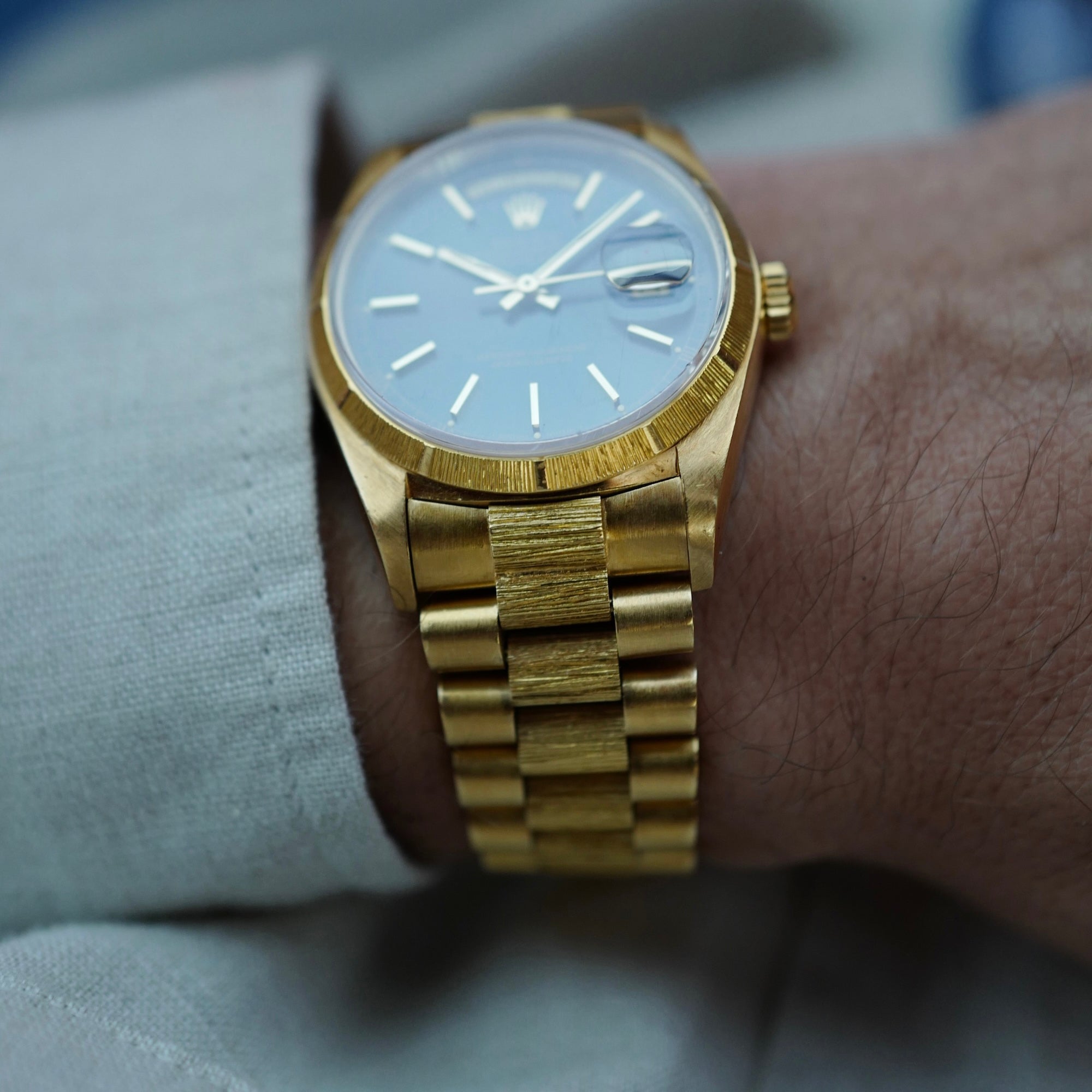 Rolex Yellow Gold Day-Date Watch Ref. 18078 with Bark Finish and Deep Blue Dial (New Arrival)