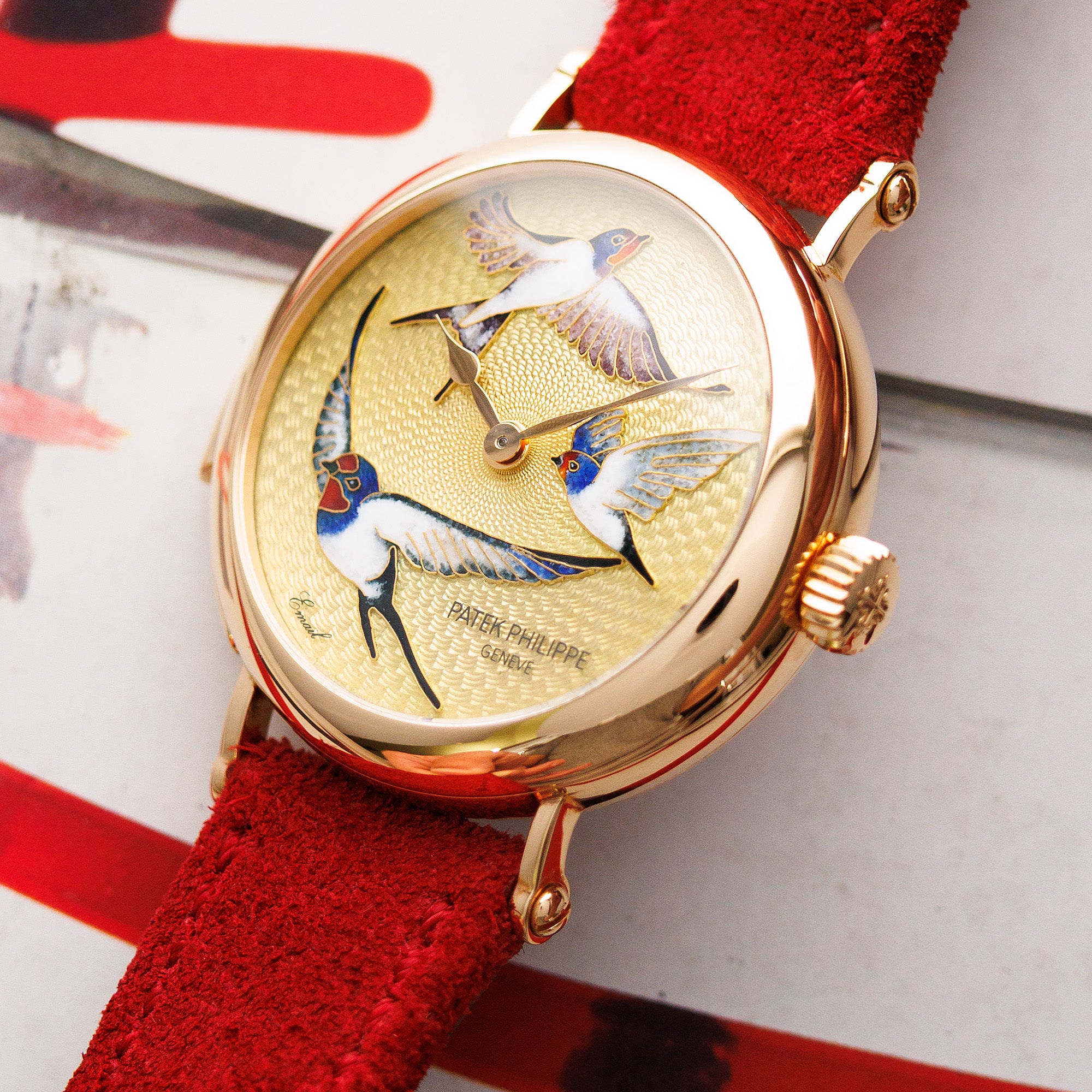 Patek Philippe Rose Gold Rare Handcraft Minute Repeater Watch Ref. 7000 with Cloisonne Swallows