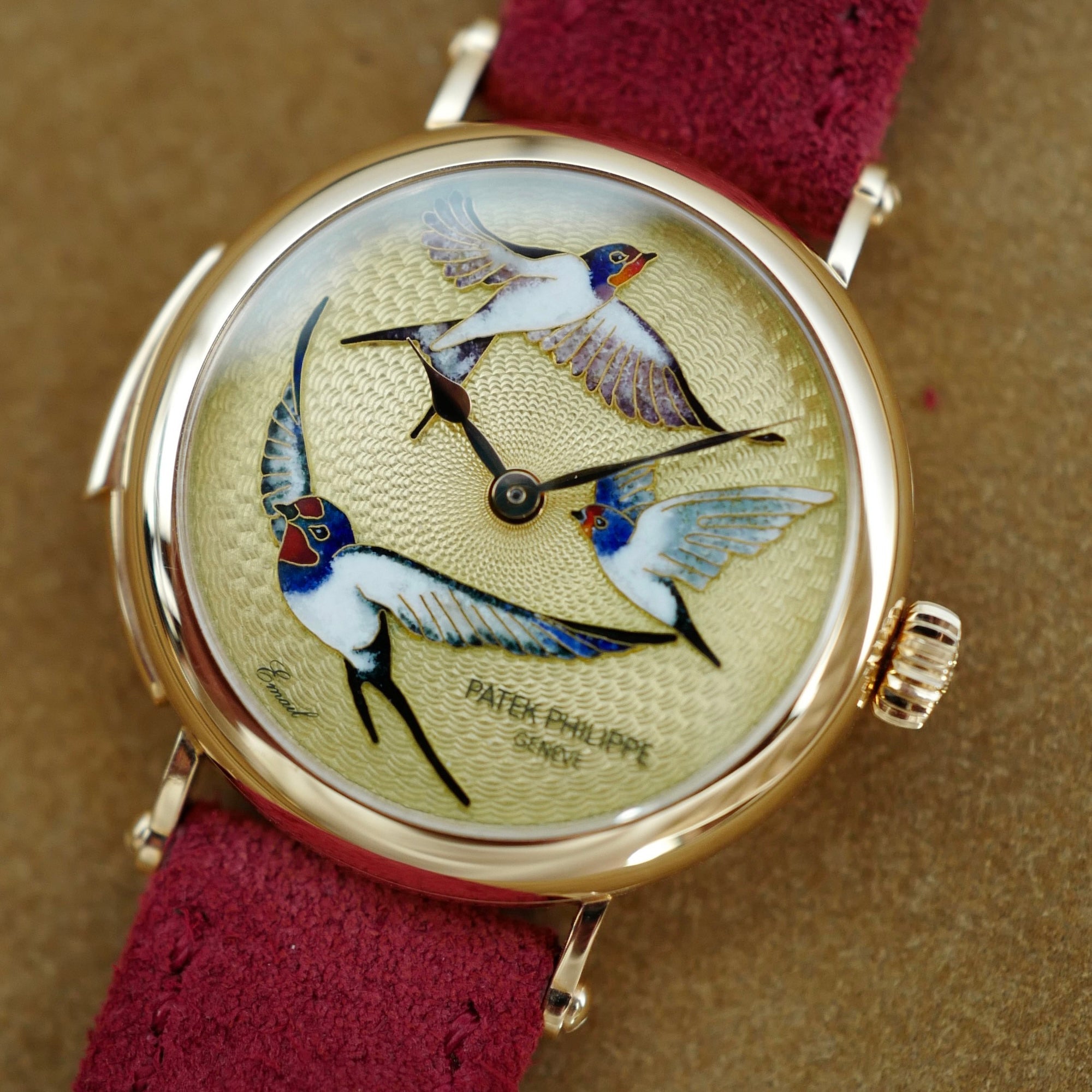 Patek Philippe Rose Gold Rare Handcraft Minute Repeater Watch Ref. 7000 with Cloisonne Swallows