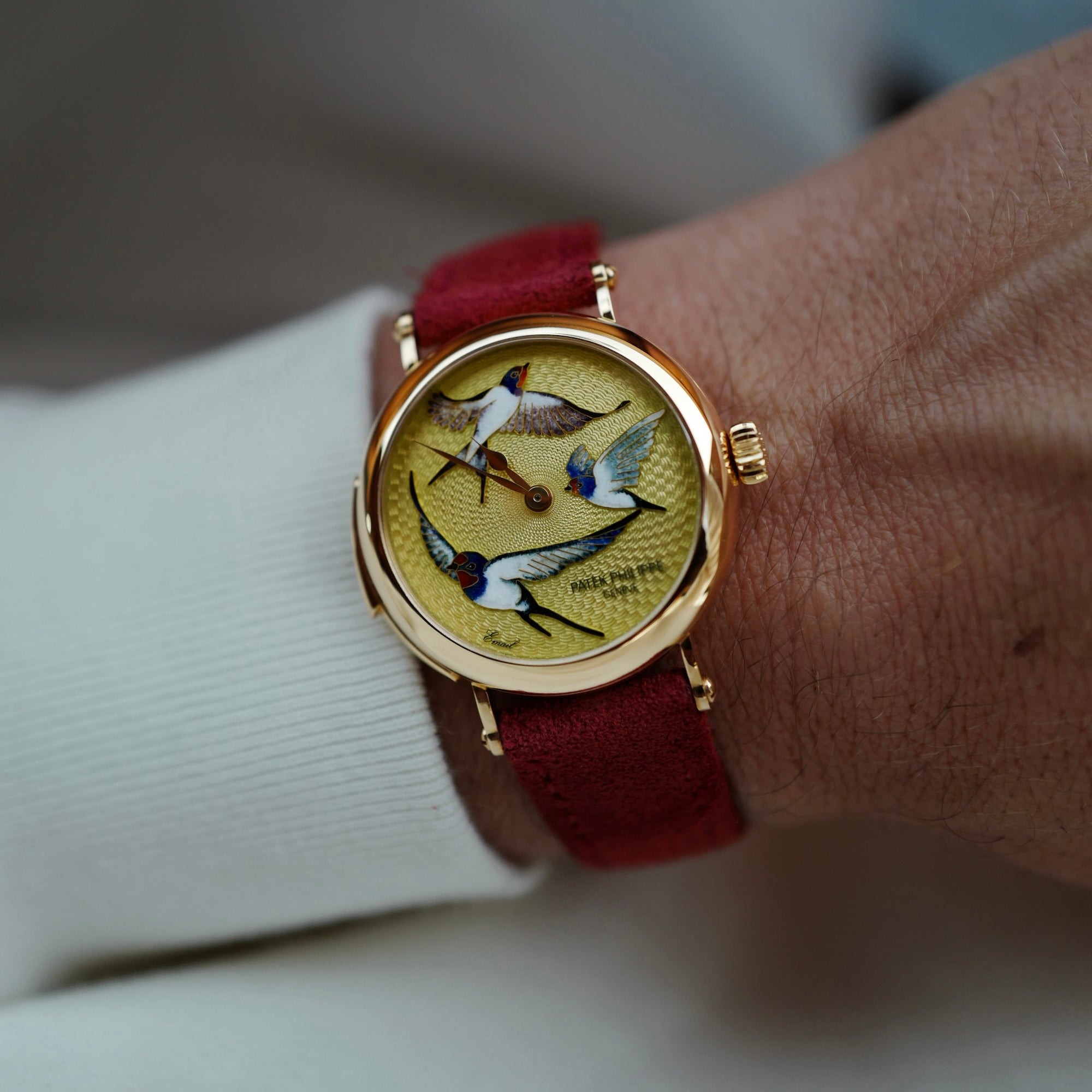 Patek Philippe Rose Gold Rare Handcraft Minute Repeater Watch Ref. 7000 with Cloisonne Swallows