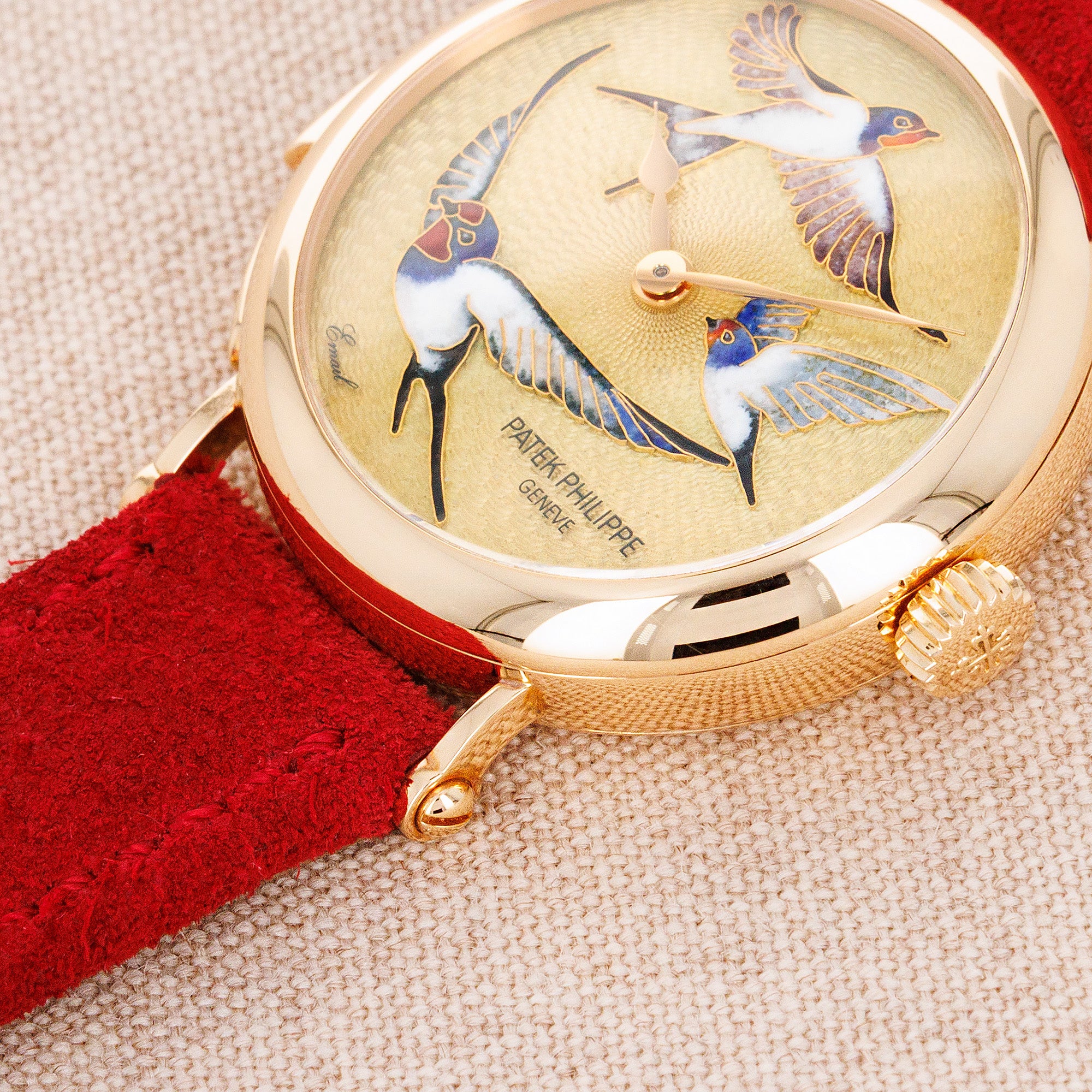 Patek Philippe Rose Gold Rare Handcraft Minute Repeater Watch Ref. 7000 with Cloisonne Swallows