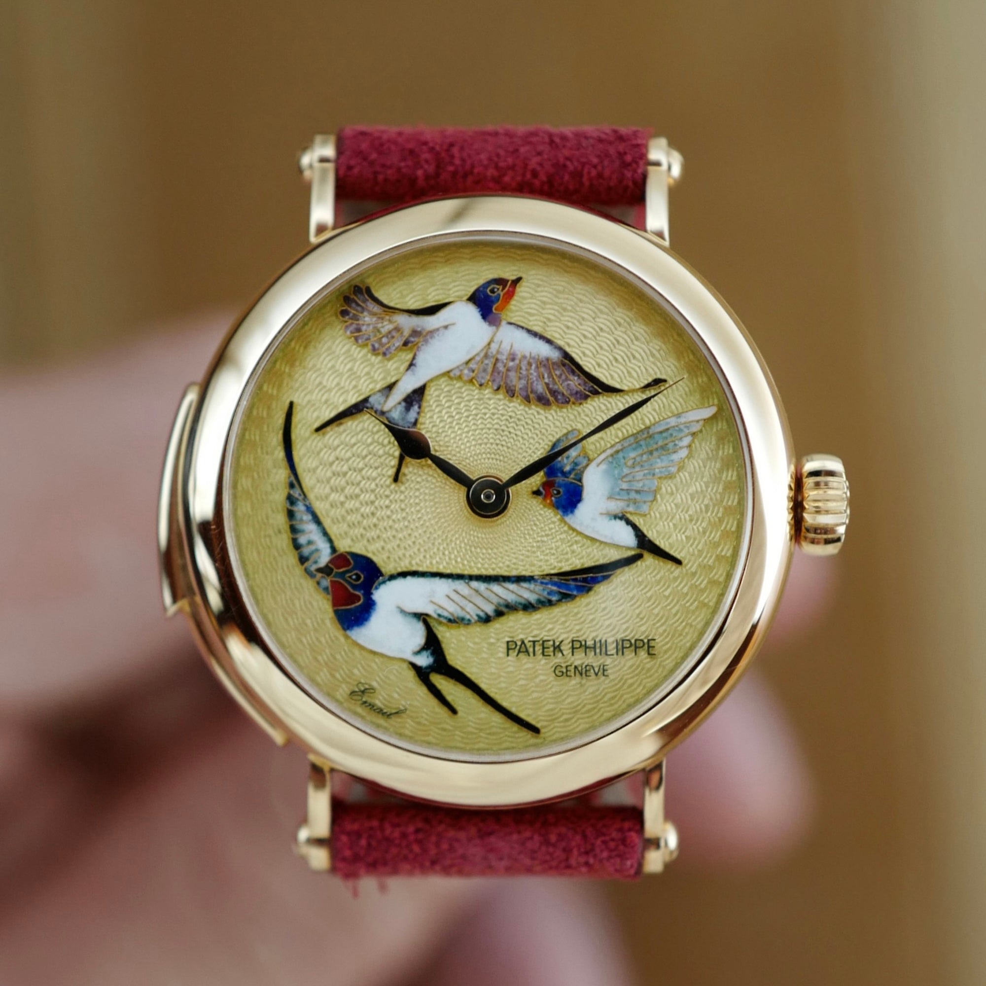Patek Philippe Rose Gold Rare Handcraft Minute Repeater Watch Ref. 7000 with Cloisonne Swallows