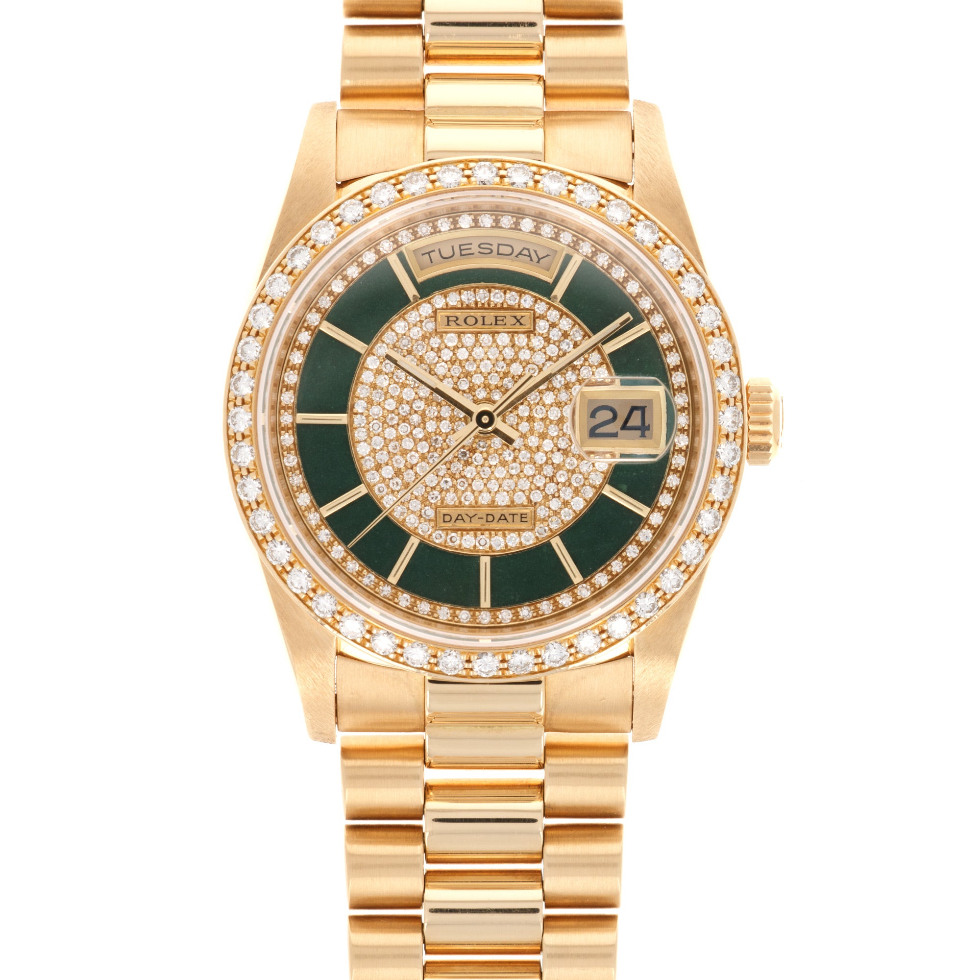 Rolex - Rolex Yellow Gold Day-Date Ref. 18348 with Original Carousel Diamond and Green Enamel Dial - The Keystone Watches