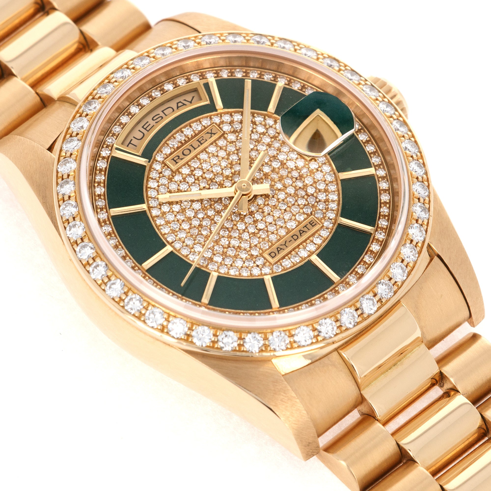 Rolex - Rolex Yellow Gold Day-Date Ref. 18348 with Original Carousel Diamond and Green Enamel Dial - The Keystone Watches