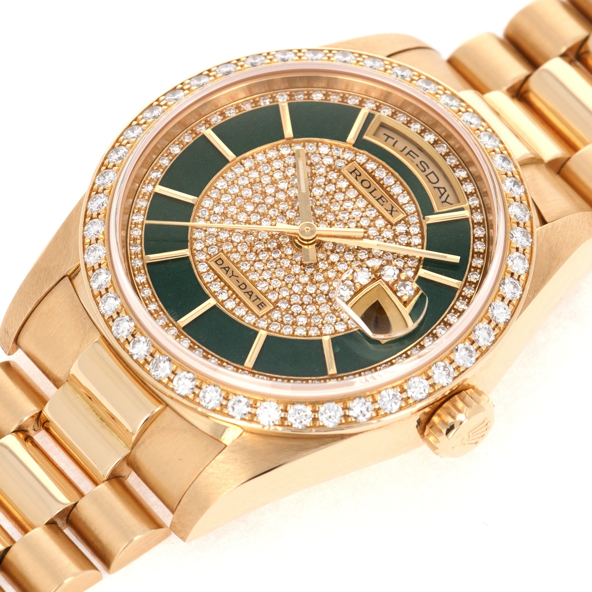 Rolex - Rolex Yellow Gold Day-Date Ref. 18348 with Original Carousel Diamond and Green Enamel Dial - The Keystone Watches