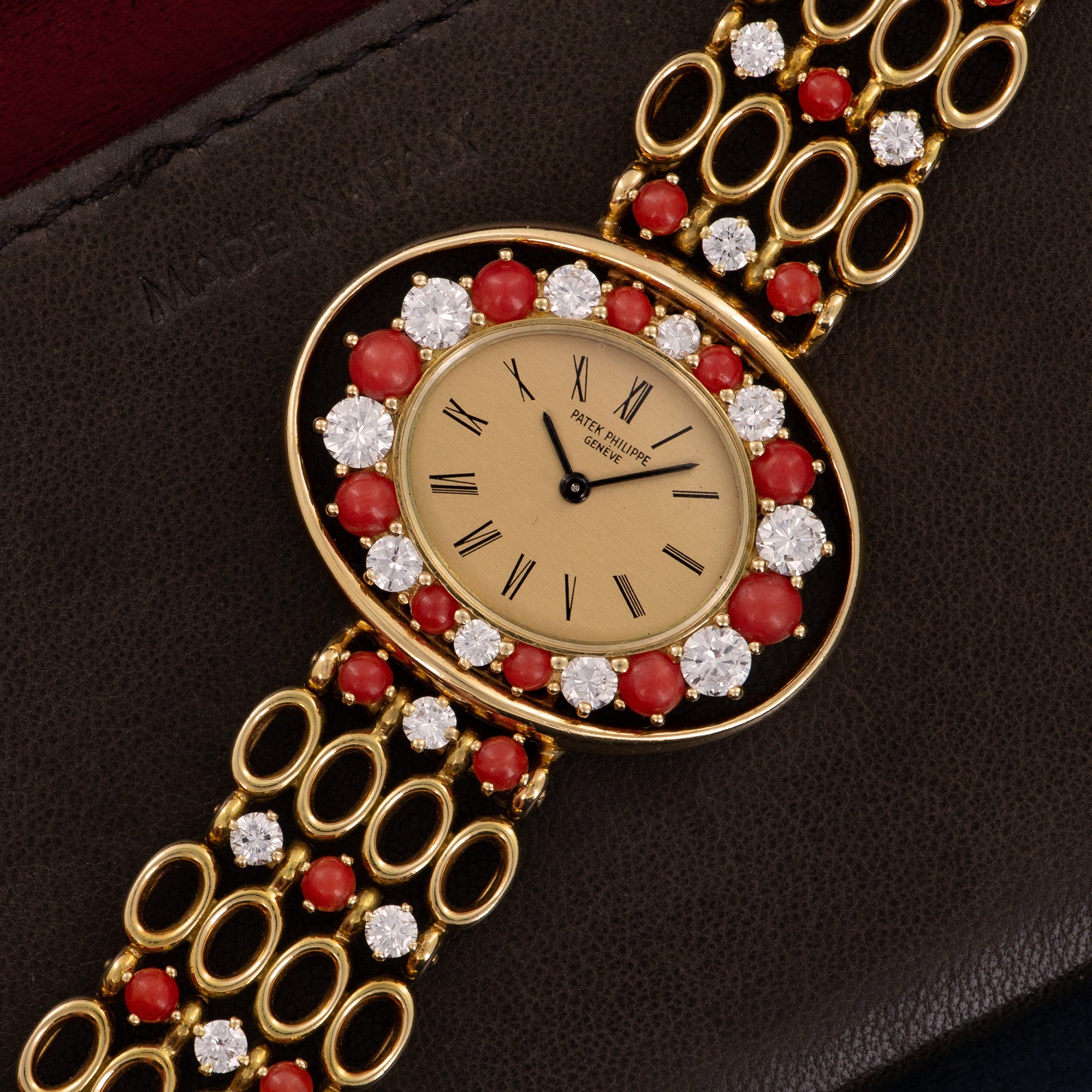 Patek Philippe - Patek Philippe Yellow Gold Diamond Coral Bracelet Watch Ref. 4195/1 - The Keystone Watches