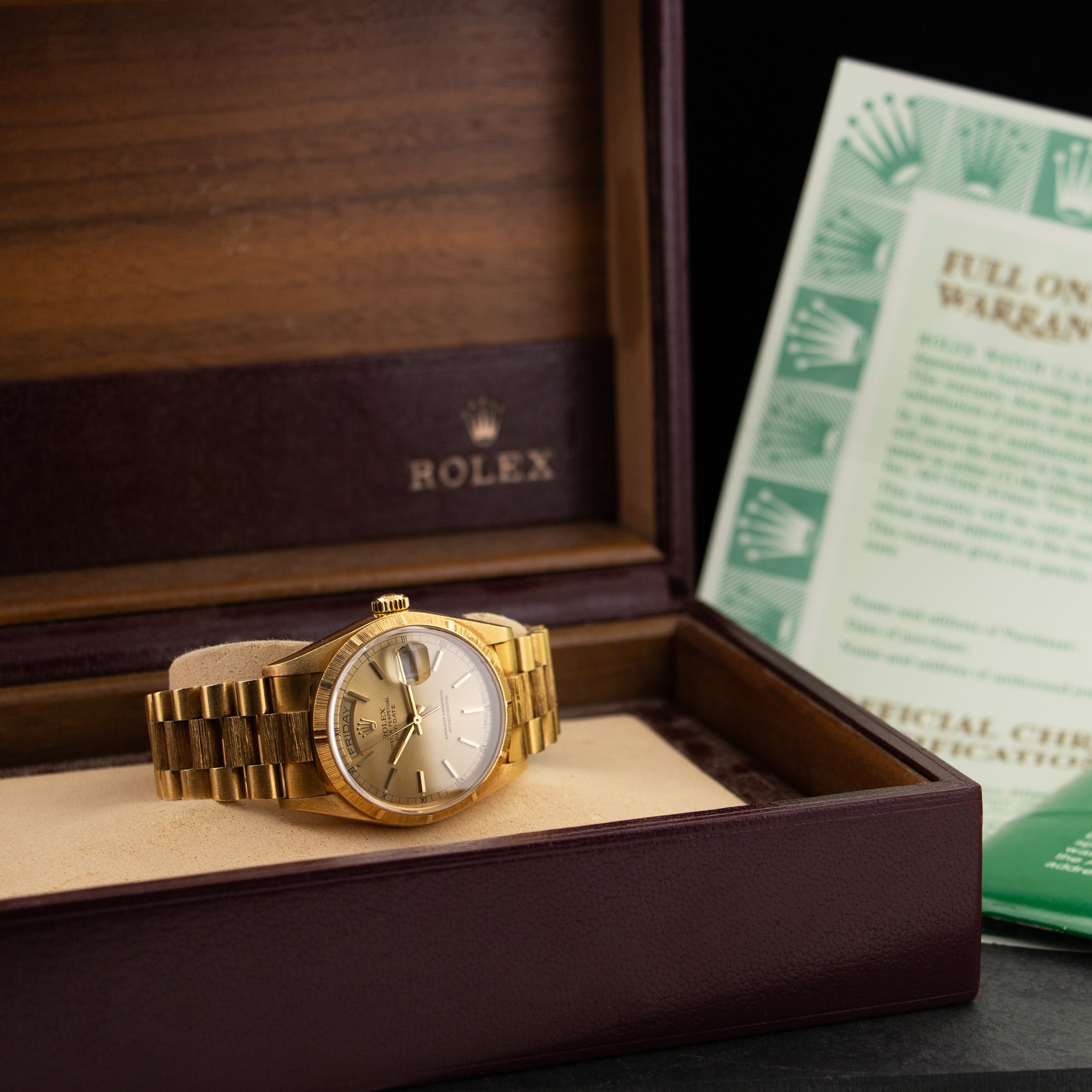 Rolex - Rolex Day-Date Watch Ref. 18078 with Bark Finish and Box and Paper - The Keystone Watches