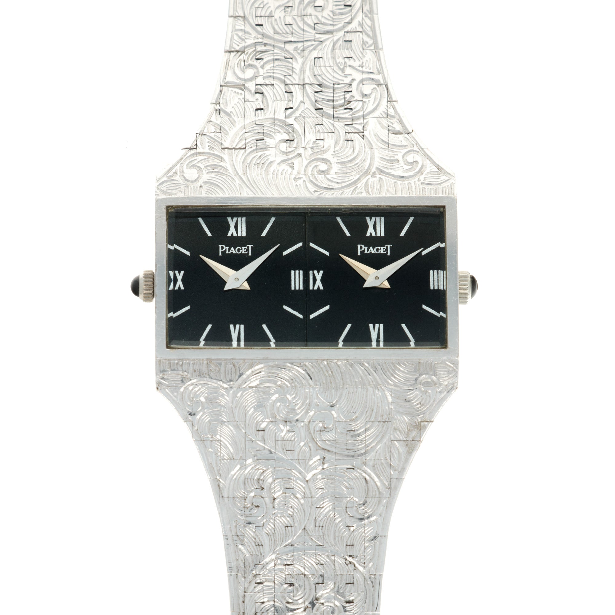Piaget - Piaget White Gold Dual Time Hand Engraved Watch - The Keystone Watches