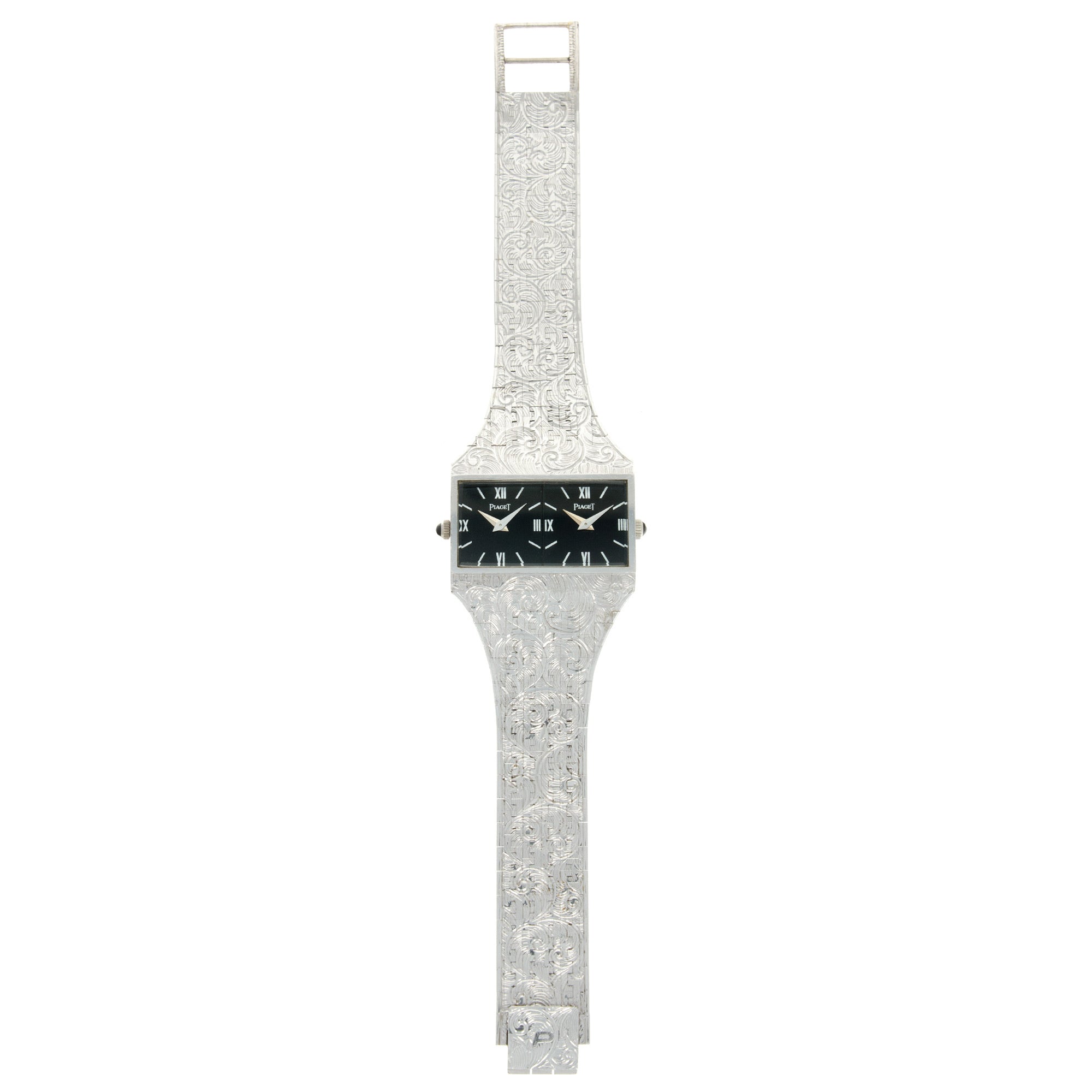 Piaget - Piaget White Gold Dual Time Hand Engraved Watch - The Keystone Watches