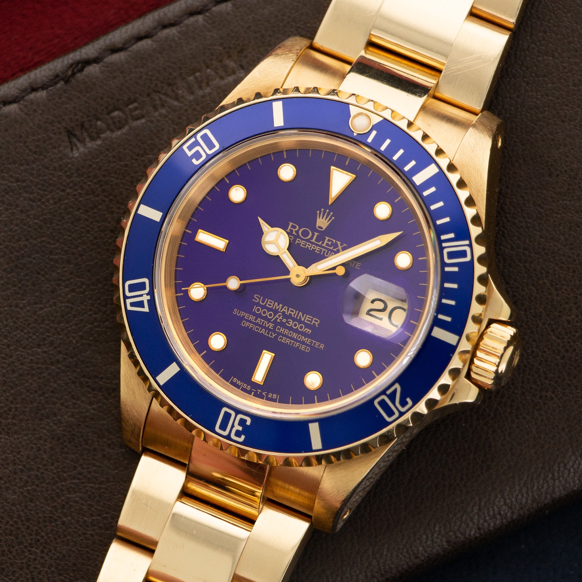 Rolex Submariner Date Purple Dial Yellow Gold 16618 Box and Papers