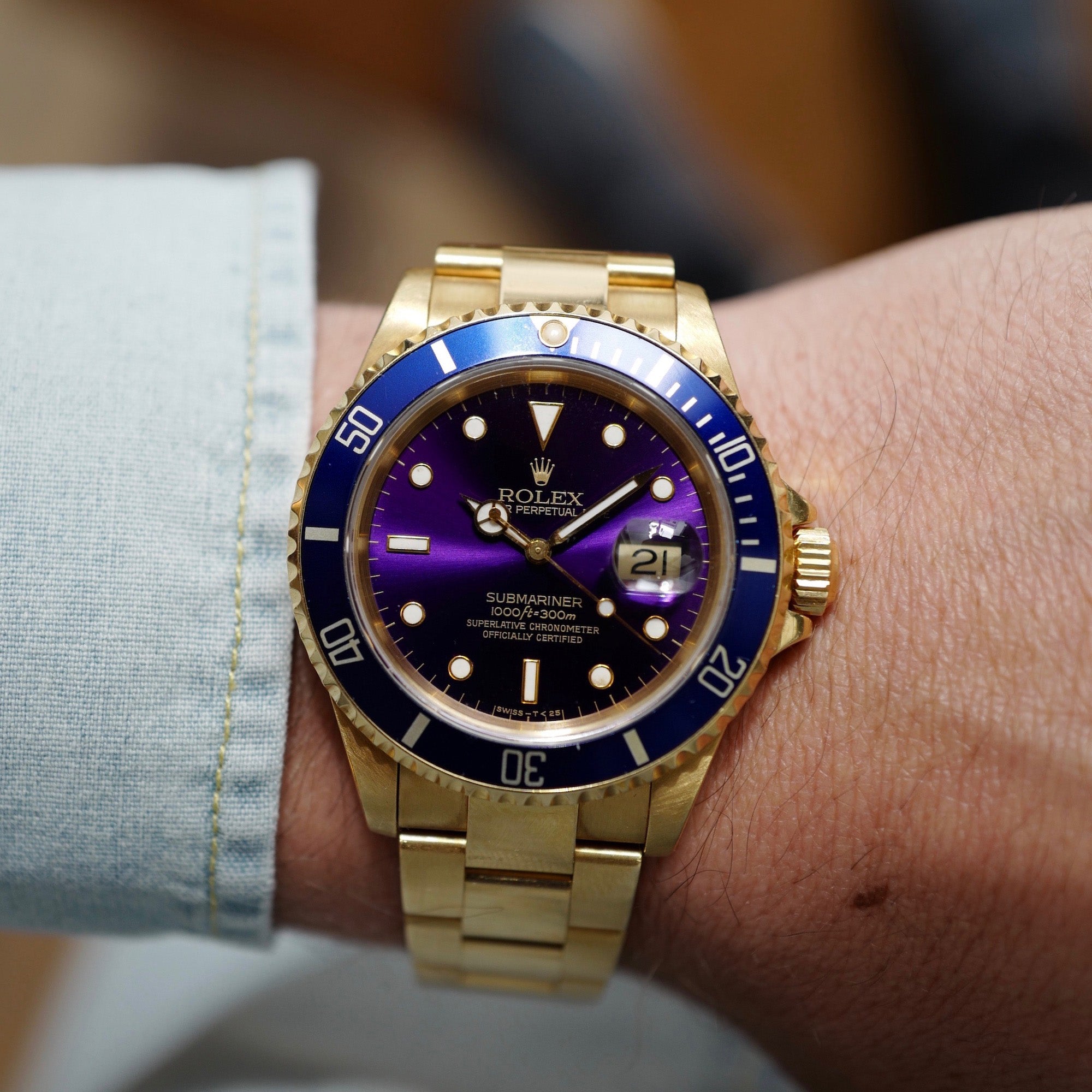 Rolex - Rolex Yellow Gold Submariner Watch Ref 16618 with Original Tropical Purple Dial - The Keystone Watches