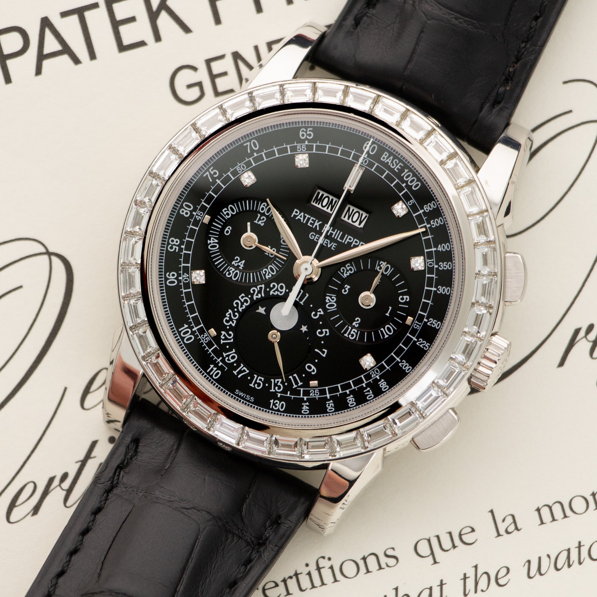 Patek Philippe - Patek Philippe Platinum Perpetual Calendar Chrono Baguette Diamond Watch Ref. 5971 - The Keystone Watches