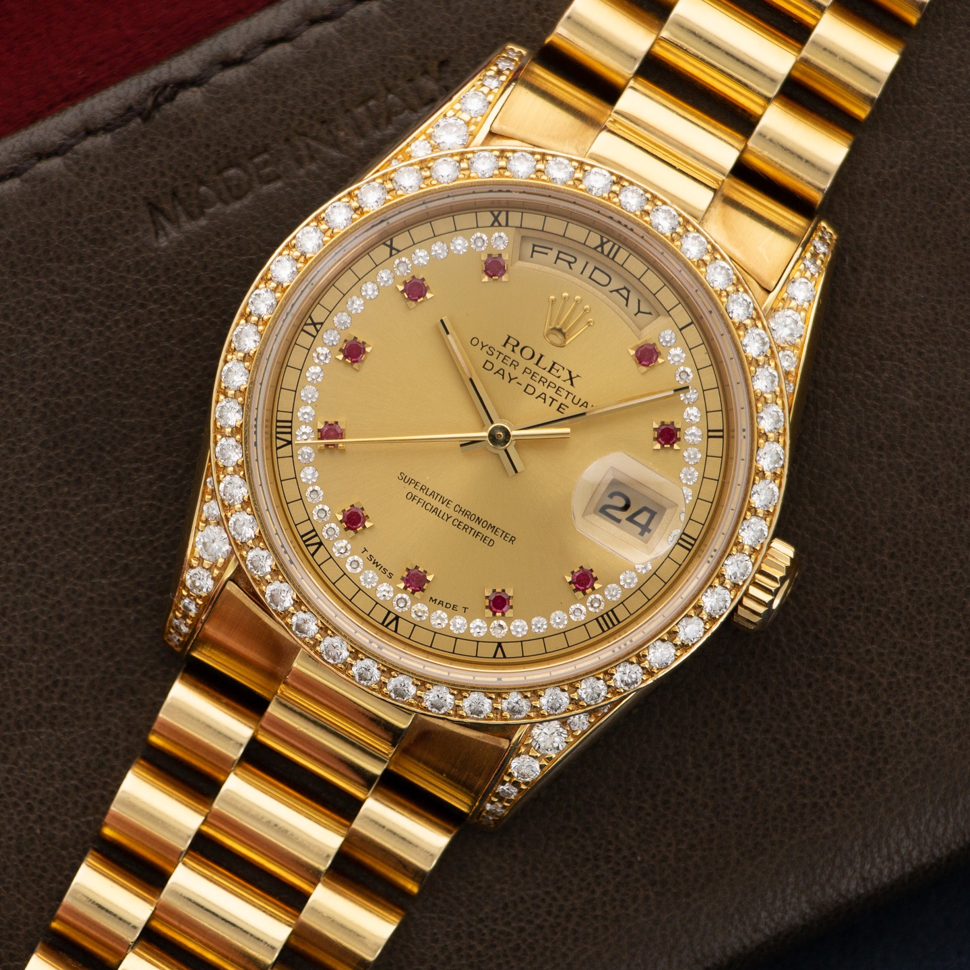 Rolex - Rolex Yellow Gold Day-Date Diamond Ruby Watch - The Keystone Watches