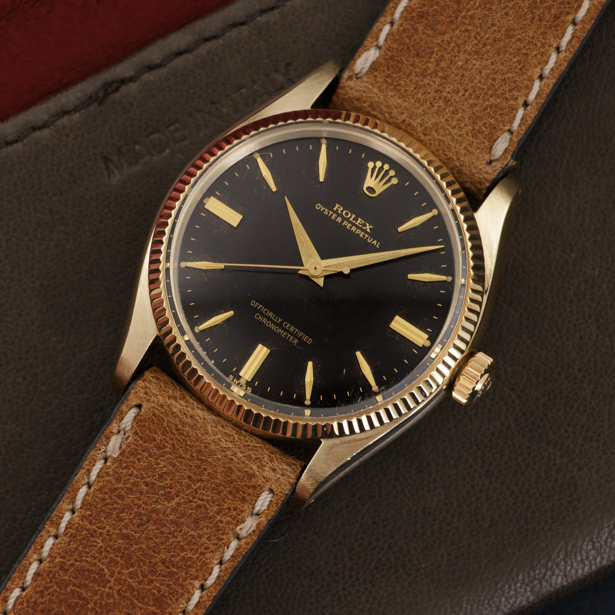 Rolex - Rolex Yellow Gold Oyster Perpetual Black Gilt Dial Watch Ref. 6567 - The Keystone Watches