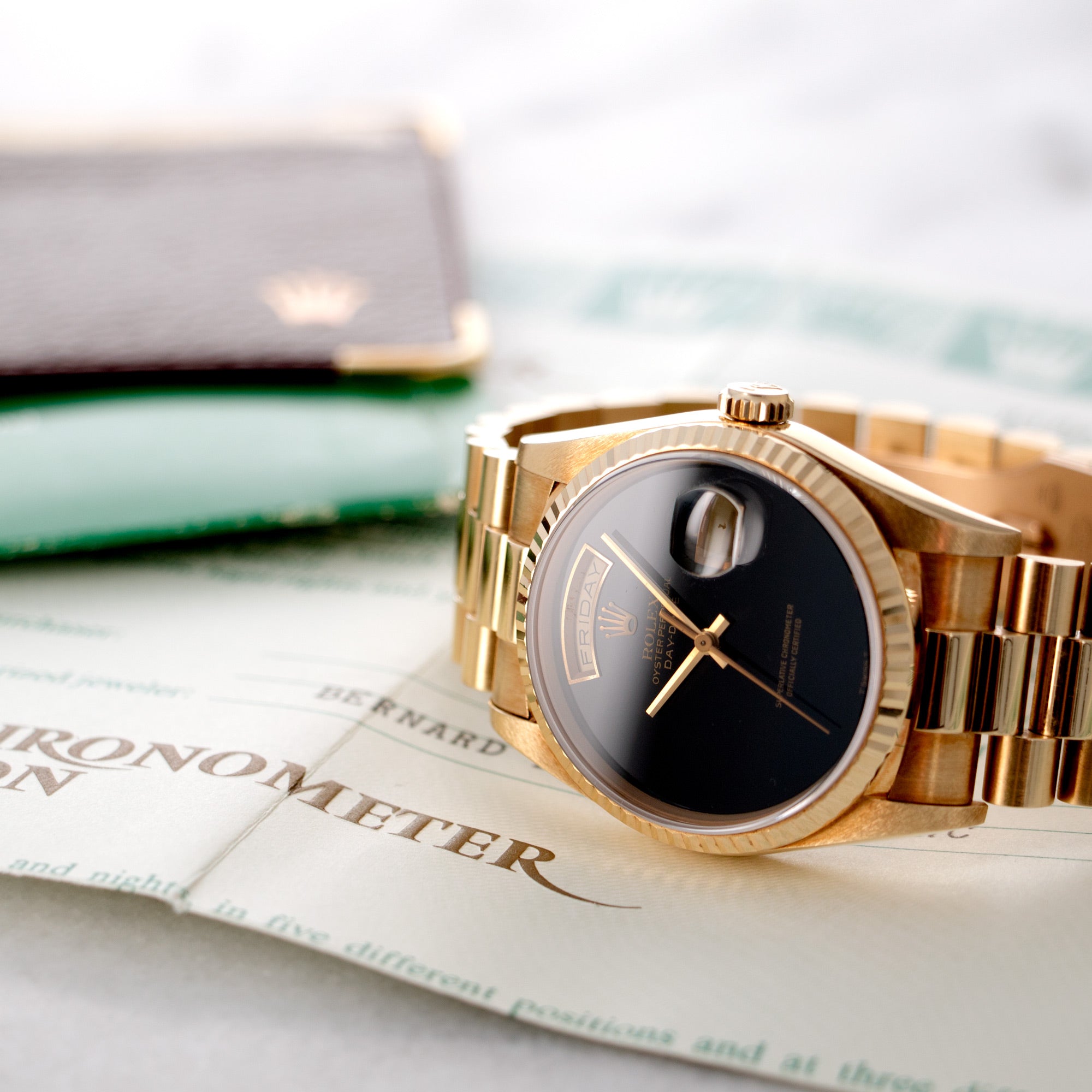 Rolex - Rolex Yellow Gold Day-Date Onyx Dial Watch, with Original Box and Papers - The Keystone Watches