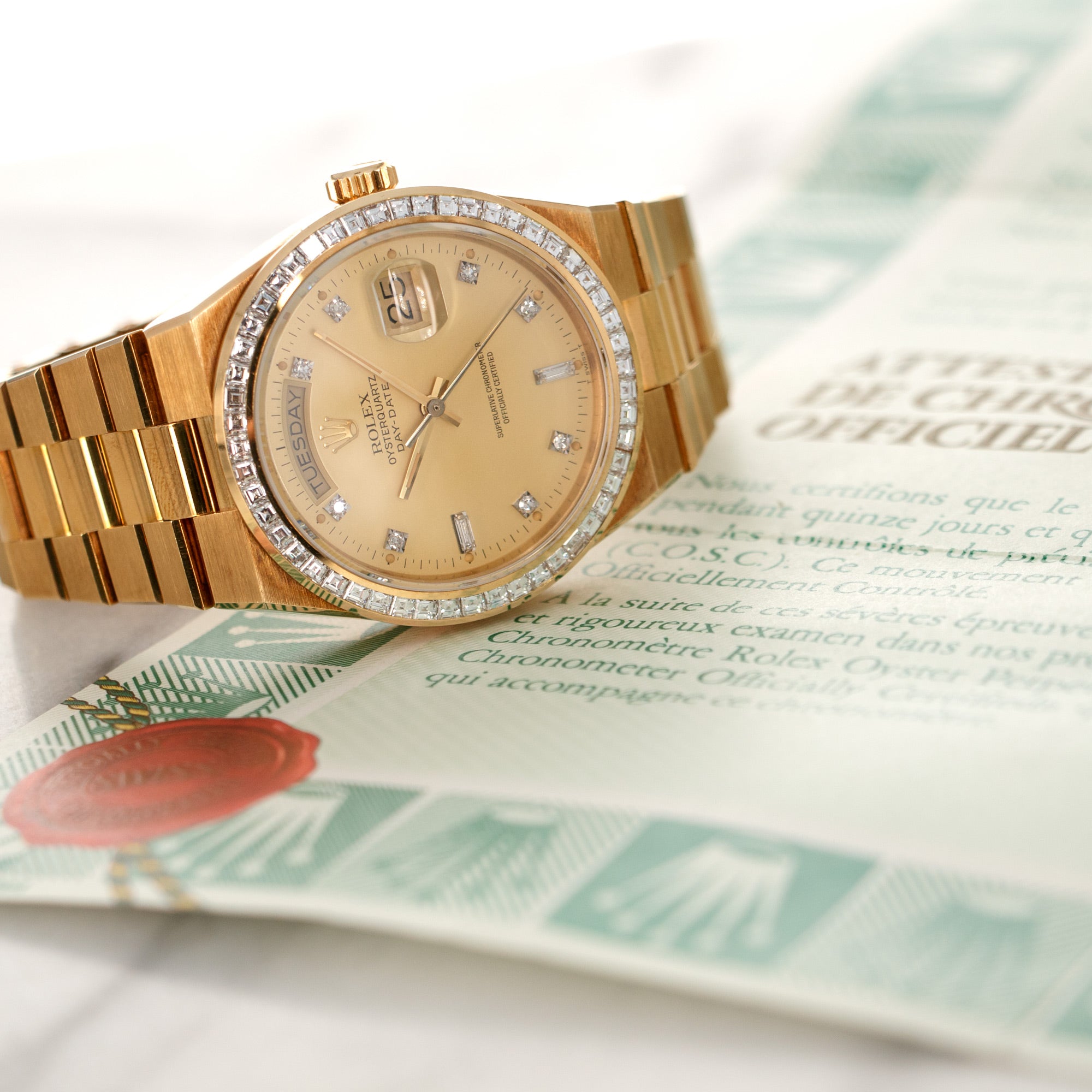 Rolex - Rolex Yellow Gold Day-Date Oysterquartz Diamond Watch Ref. 19058, Delivered to Saudi Arabian Oil Co. - The Keystone Watches