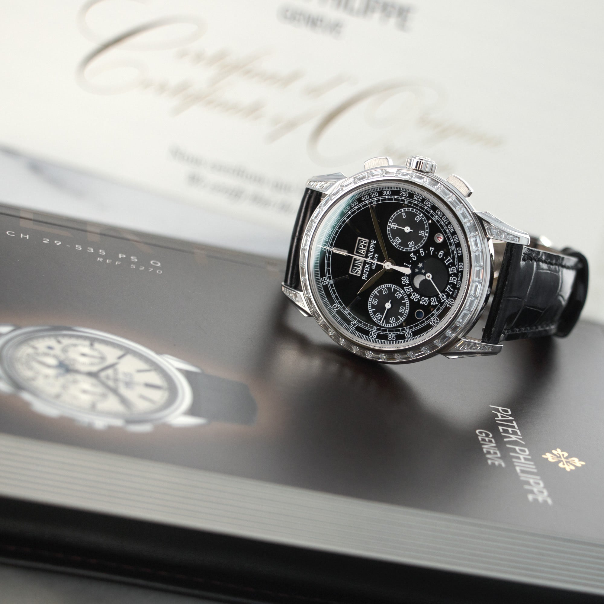 Patek Philippe - Patek Philippe Platinum Perpetual Calendar Chrono Baguette Diamond Watch Ref. 5271 - The Keystone Watches