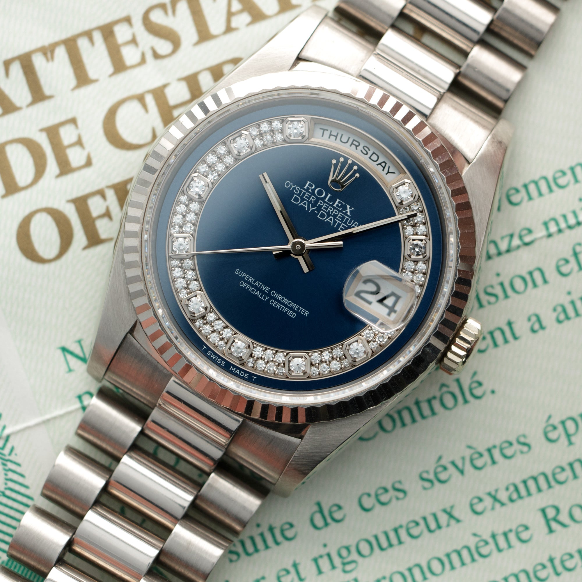Rolex - Rolex Day-Date White Gold Ref. 18239 with Blue Diamond Dial and Original Papers - The Keystone Watches