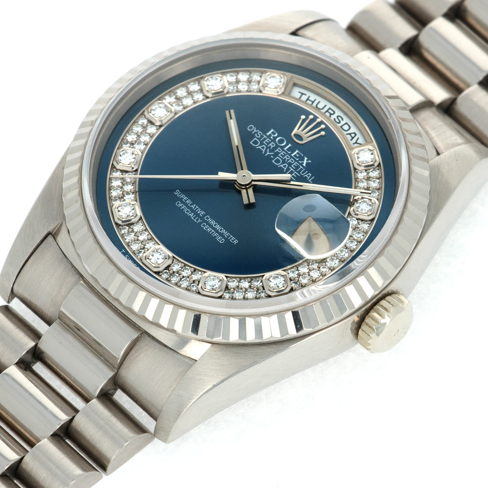 Rolex - Rolex Day-Date White Gold Ref. 18239 with Blue Diamond Dial and Original Papers - The Keystone Watches