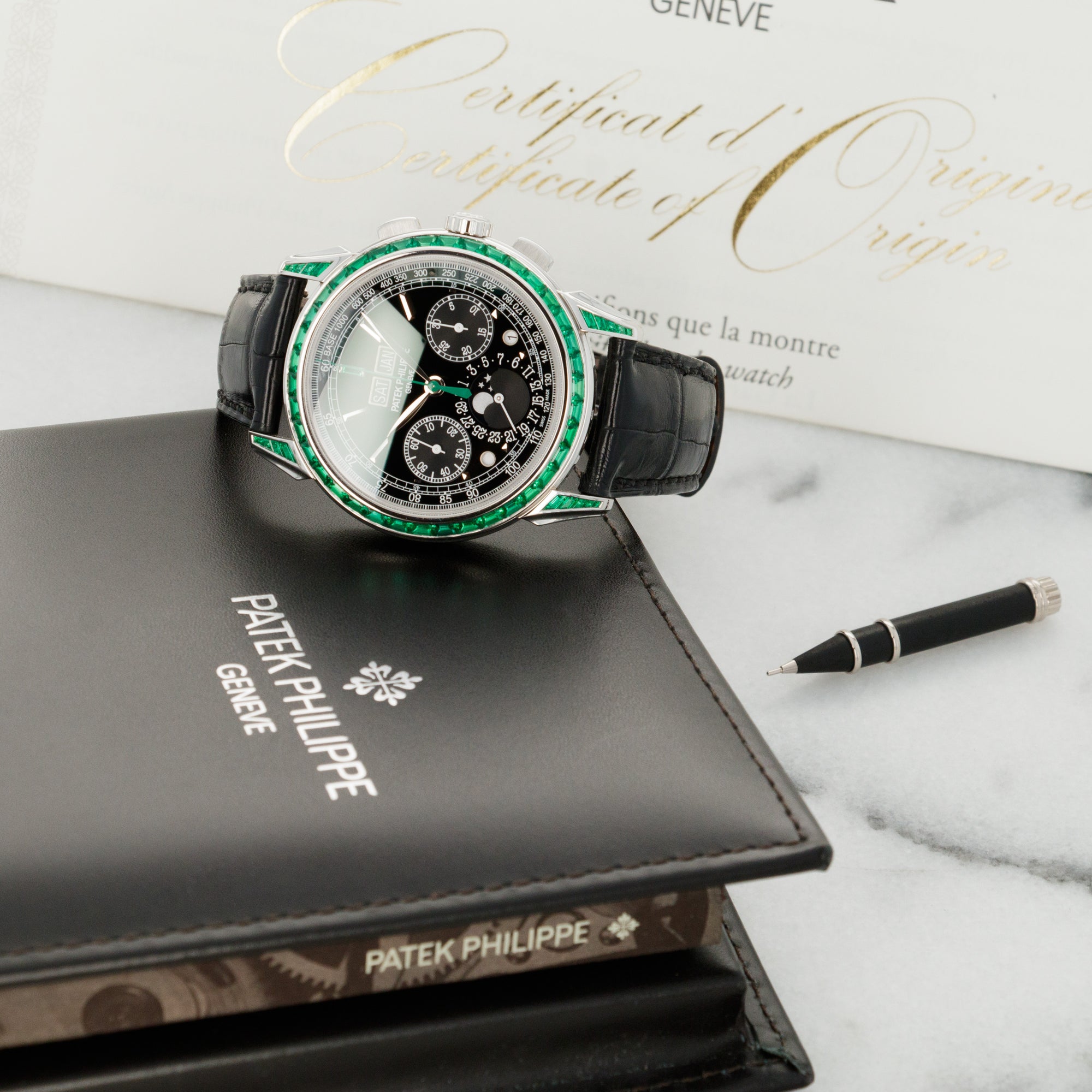 Patek Philippe - Patek Philippe Platinum and Emerald Perpetual Calendar Chronograph Watch Ref. 5271 - The Keystone Watches