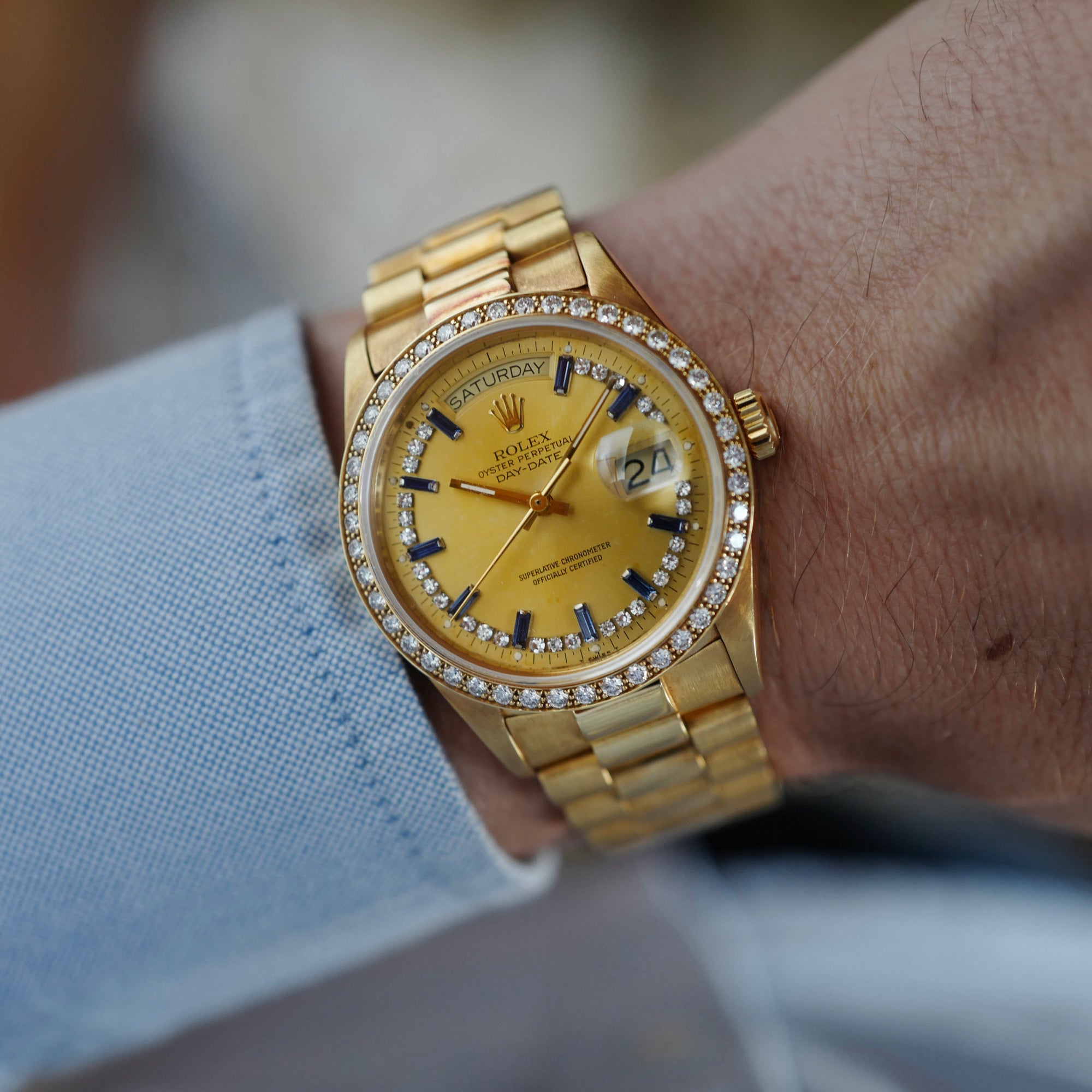 Rolex - Rolex Yellow Gold Day-Date Ref. 18048 with Factory Sapphire Diamond String Dial - The Keystone Watches