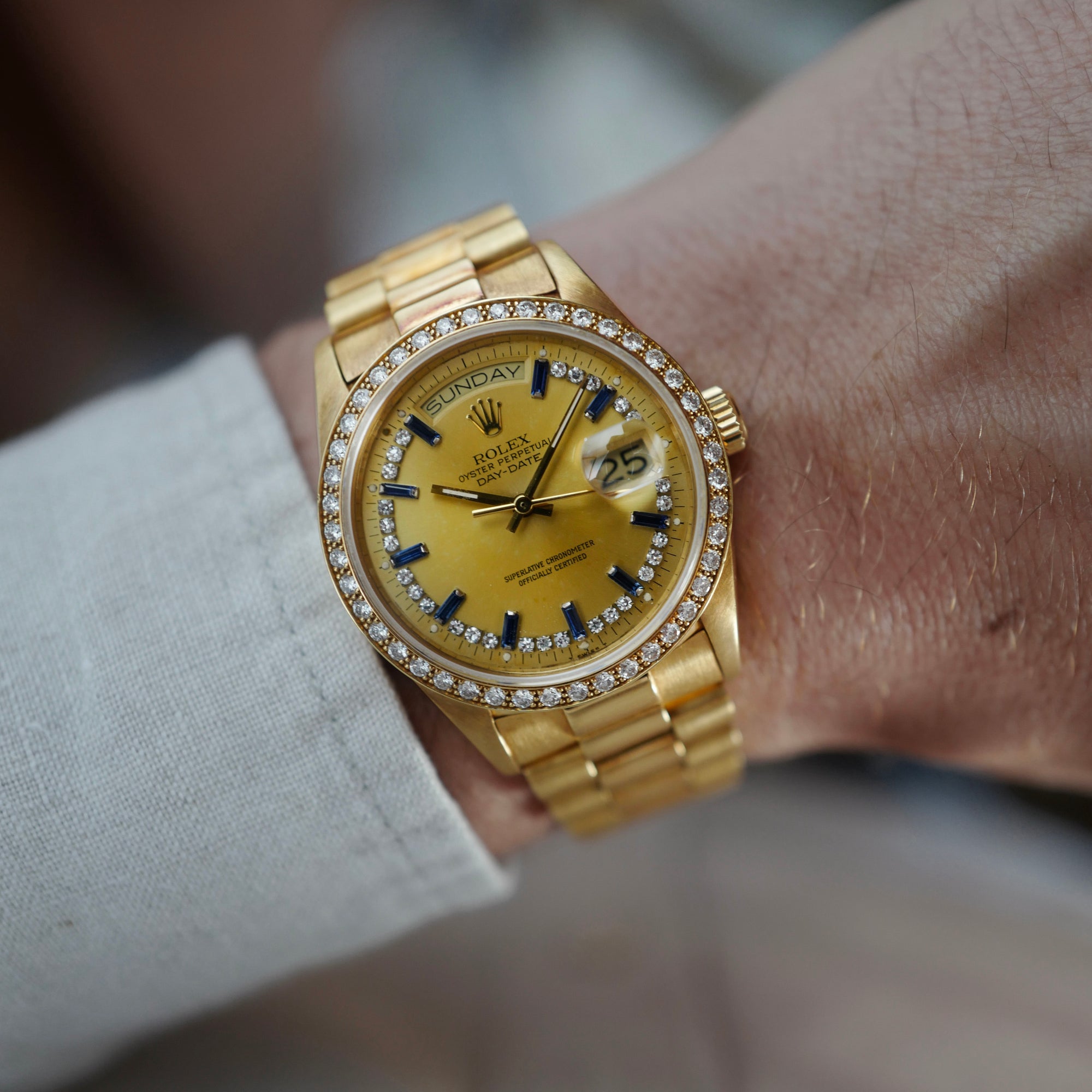 Rolex - Rolex Yellow Gold Day-Date Ref. 18048 with Factory Sapphire Diamond String Dial - The Keystone Watches