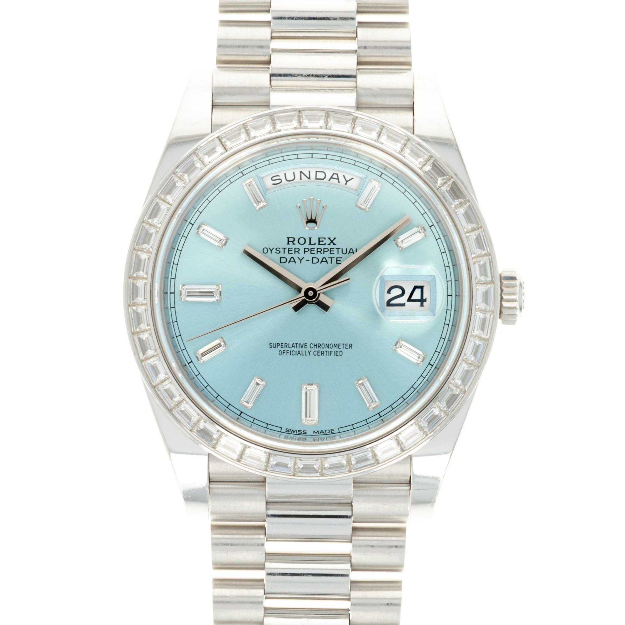 Rolex - Rolex Platinum Ice-Blue Day-Date Ref. 228396 with Baguette Diamonds - The Keystone Watches