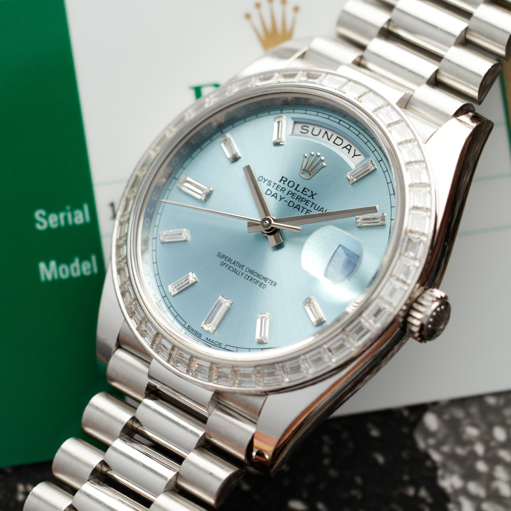 Rolex - Rolex Platinum Ice-Blue Day-Date Ref. 228396 with Baguette Diamonds - The Keystone Watches
