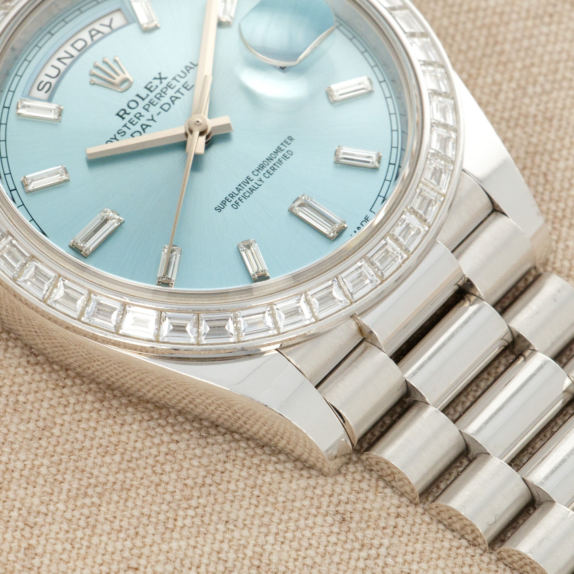 Rolex - Rolex Platinum Ice-Blue Day-Date Ref. 228396 with Baguette Diamonds - The Keystone Watches
