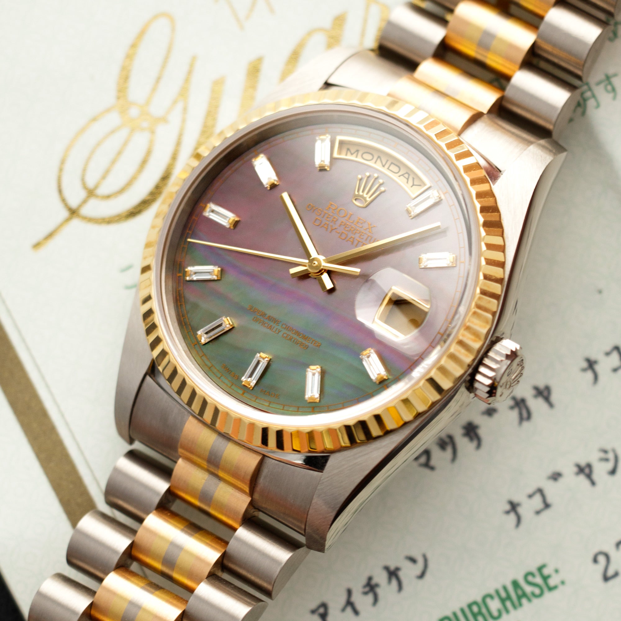 Rolex - Rolex Tridor Day-Date Ref. 18239 with Mother of Pearl and Baguette Diamond Dial - The Keystone Watches