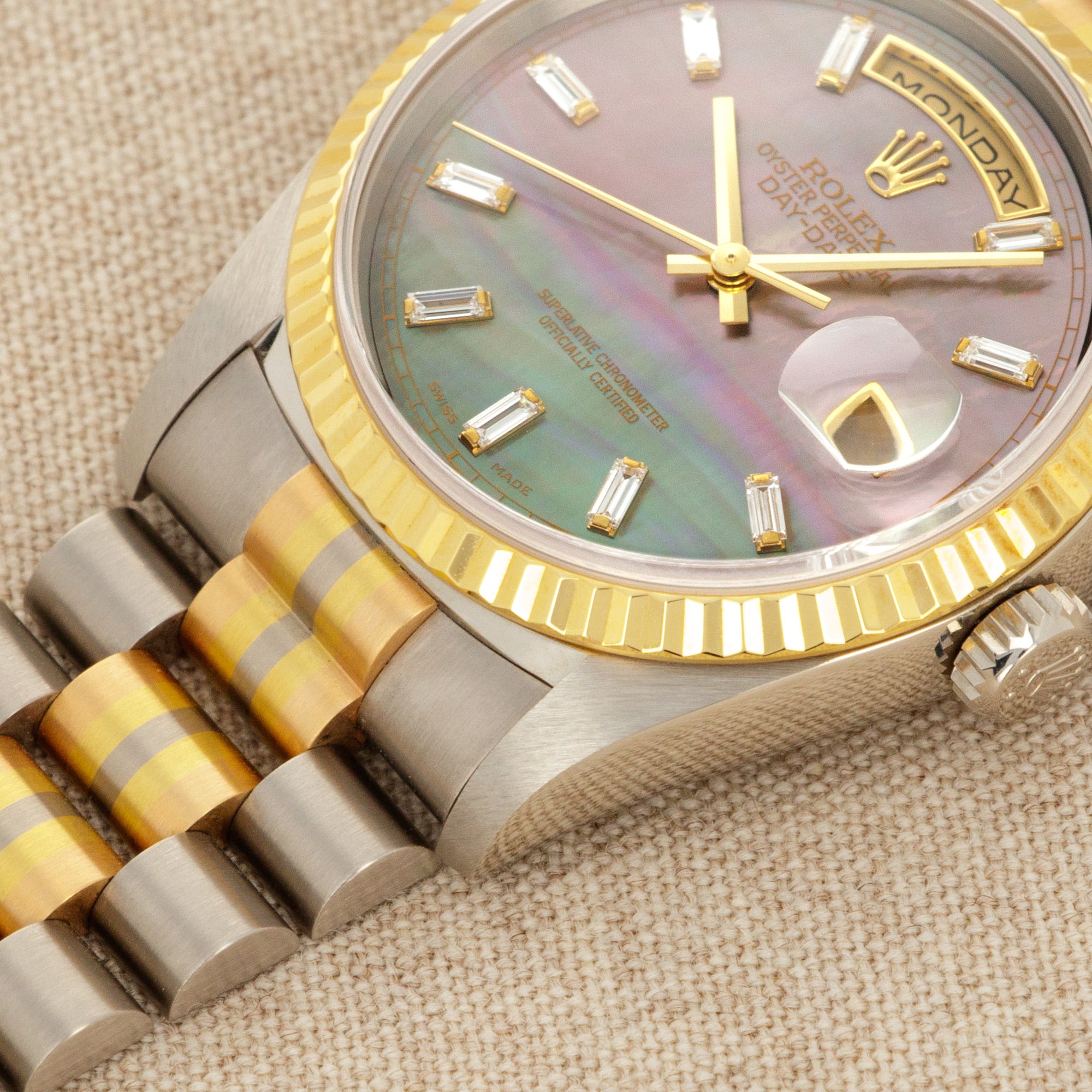 Rolex - Rolex Tridor Day-Date Ref. 18239 with Mother of Pearl and Baguette Diamond Dial - The Keystone Watches