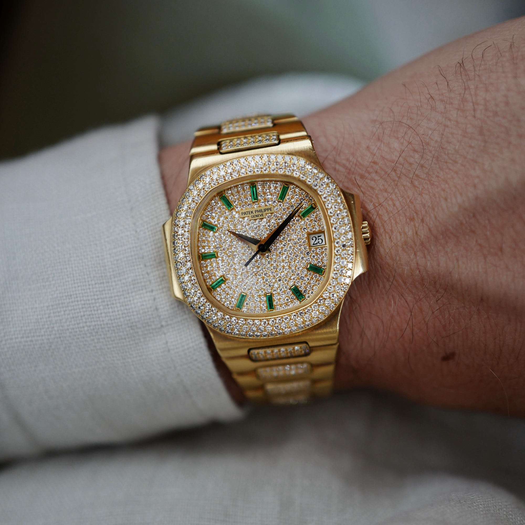 Patek Philippe - Patek Philippe Yellow Gold Nautilus Diamond Emerald Watch Ref. 3800/5 - The Keystone Watches