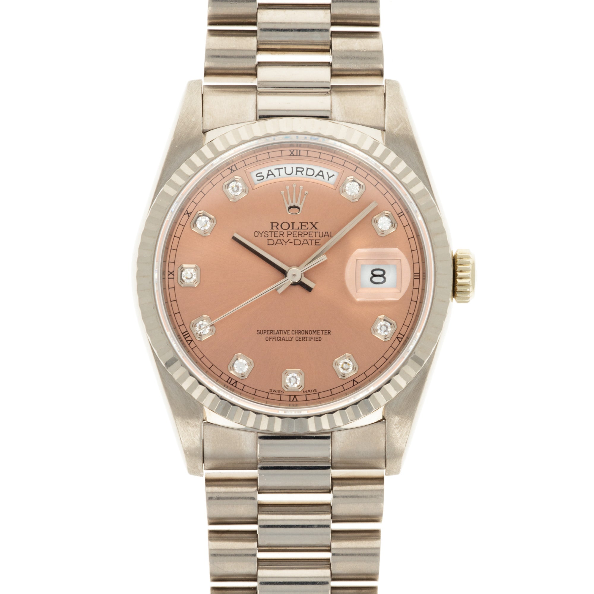Rolex - Rolex White Gold Salmon Diamond Day-Date Watch Ref. 18239 - The Keystone Watches