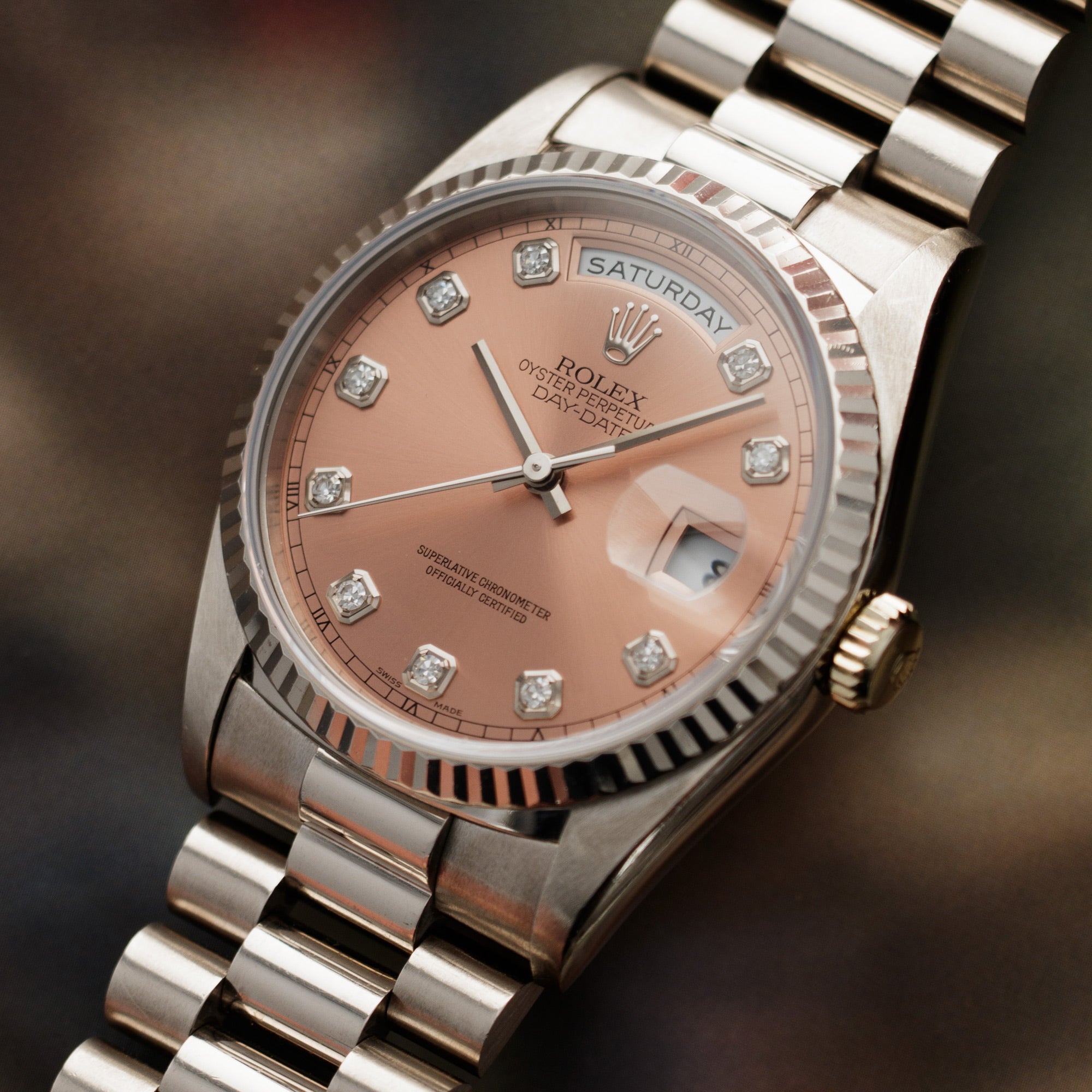 Rolex - Rolex White Gold Salmon Diamond Day-Date Watch Ref. 18239 - The Keystone Watches