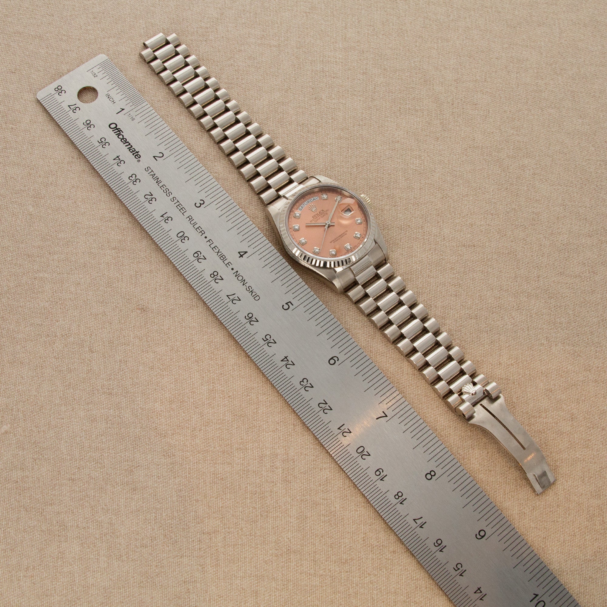 Rolex - Rolex White Gold Salmon Diamond Day-Date Watch Ref. 18239 - The Keystone Watches
