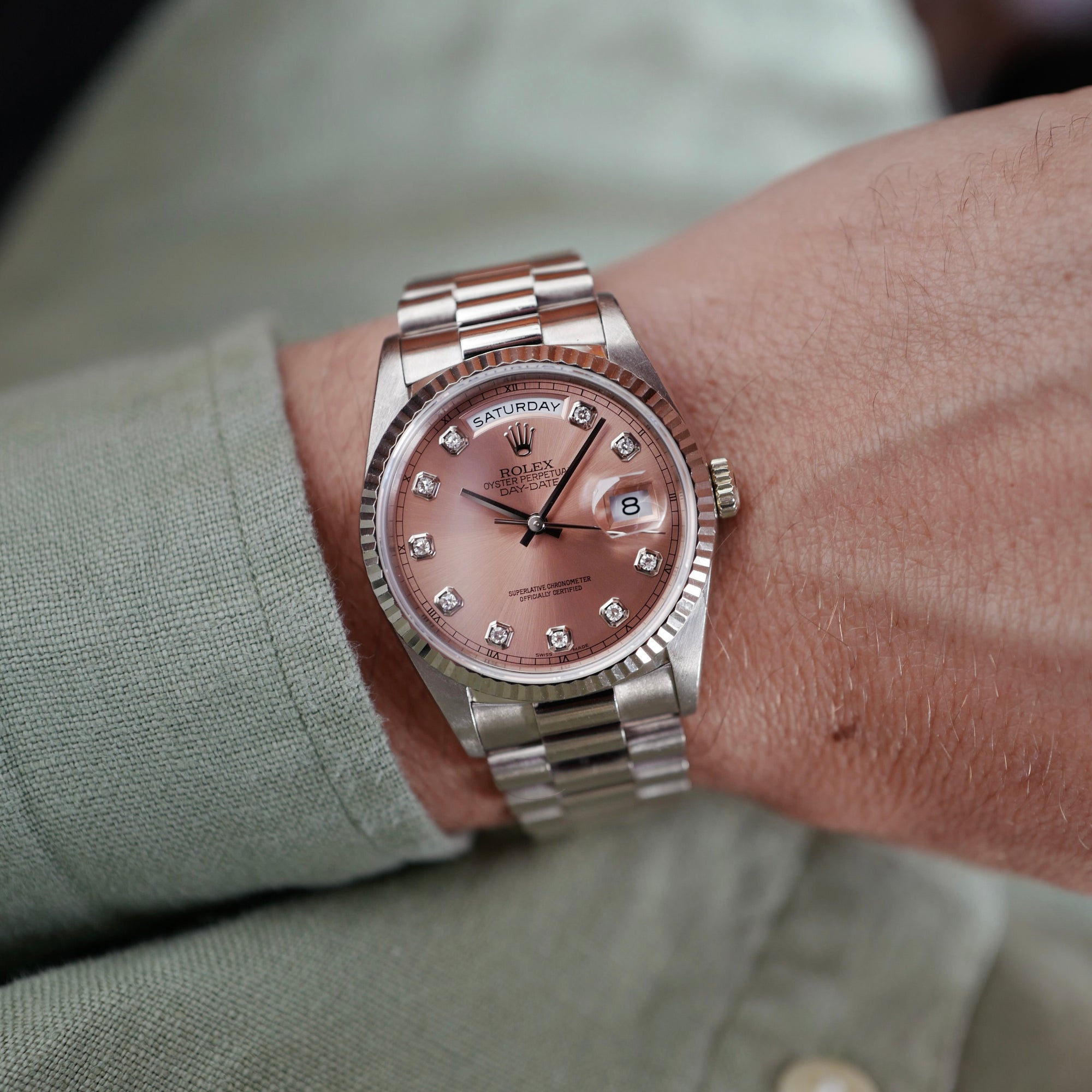 Rolex - Rolex White Gold Salmon Diamond Day-Date Watch Ref. 18239 - The Keystone Watches