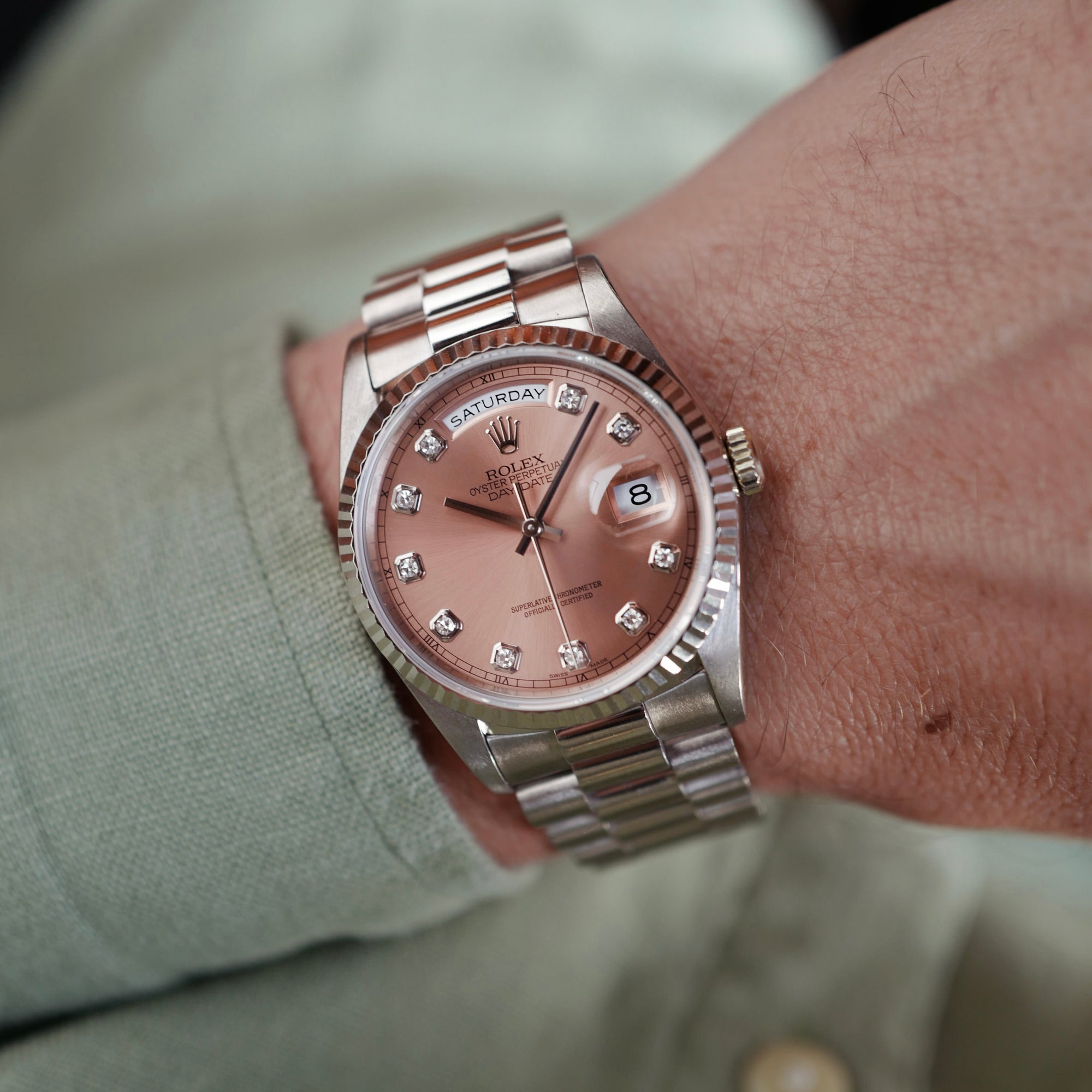 Rolex - Rolex White Gold Salmon Diamond Day-Date Watch Ref. 18239 - The Keystone Watches