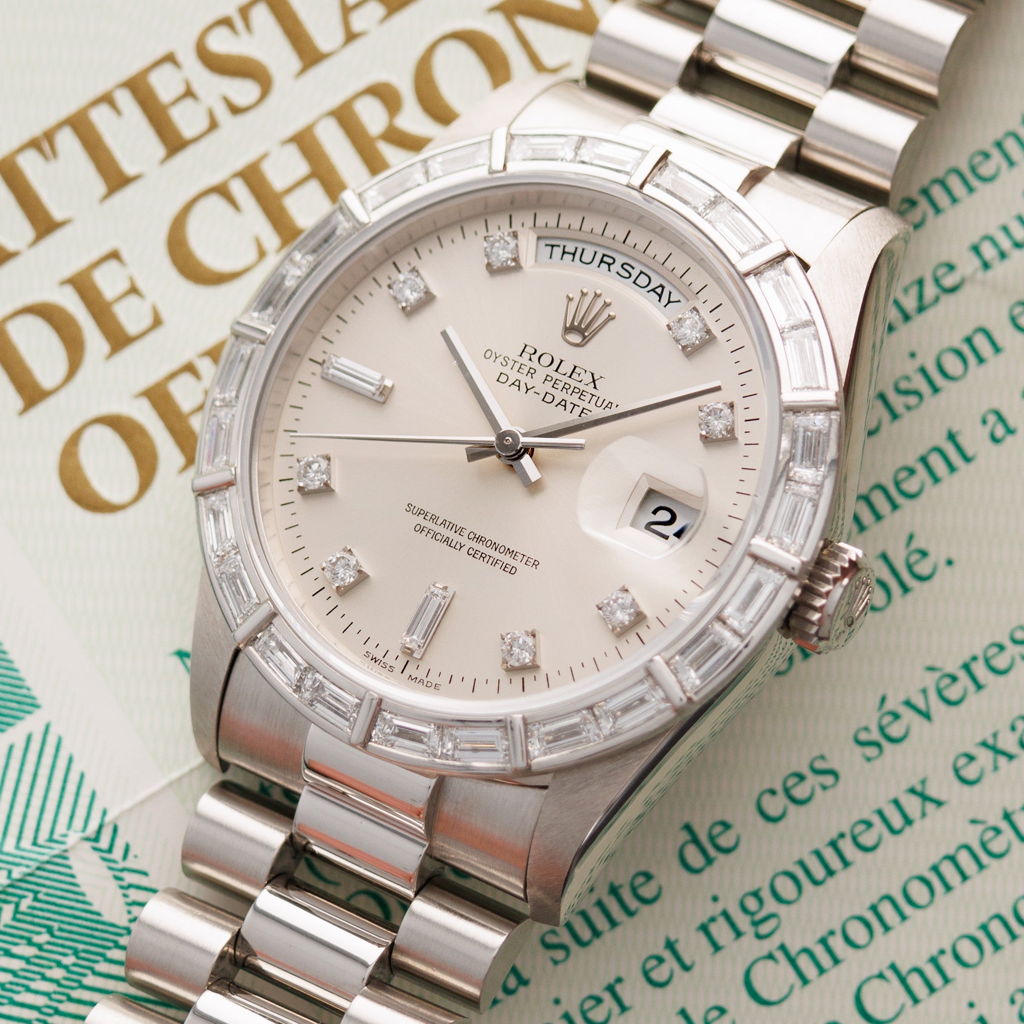 Rolex - Rolex Platinum Day-Date Baguette Diamond Watch Ref. 18366 with Bucherer Warranty - The Keystone Watches