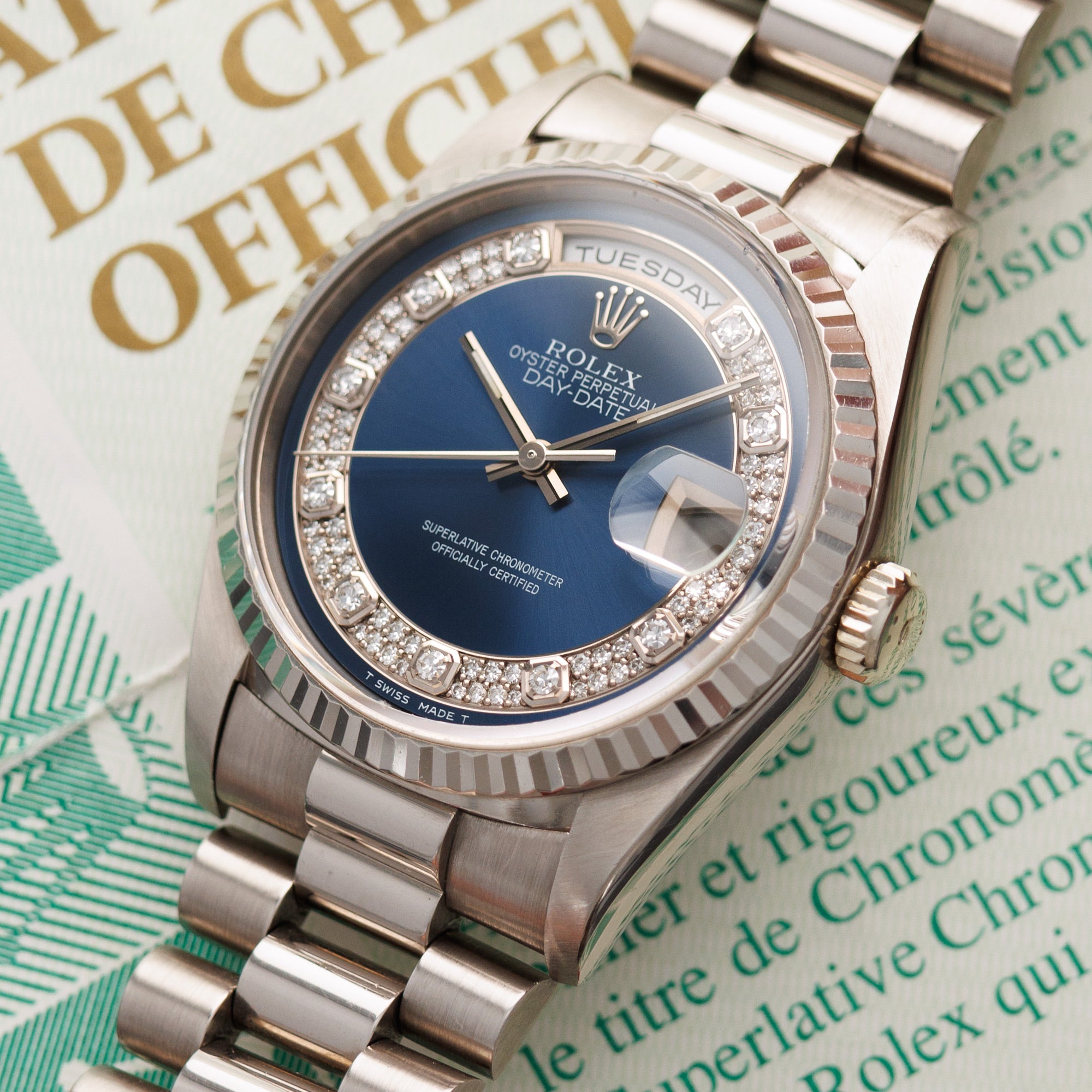 Rolex - Rolex Day-Date White Gold Ref. 18239 with Blue Diamond Dial and Original Papers - The Keystone Watches