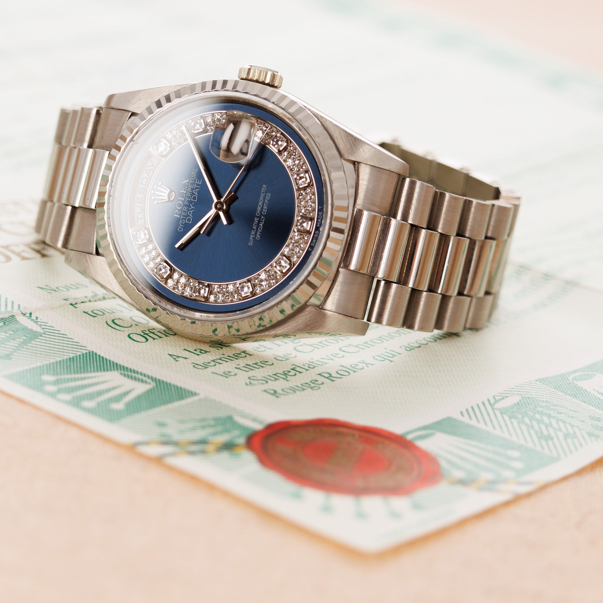 Rolex - Rolex Day-Date White Gold Ref. 18239 with Blue Diamond Dial and Original Papers - The Keystone Watches