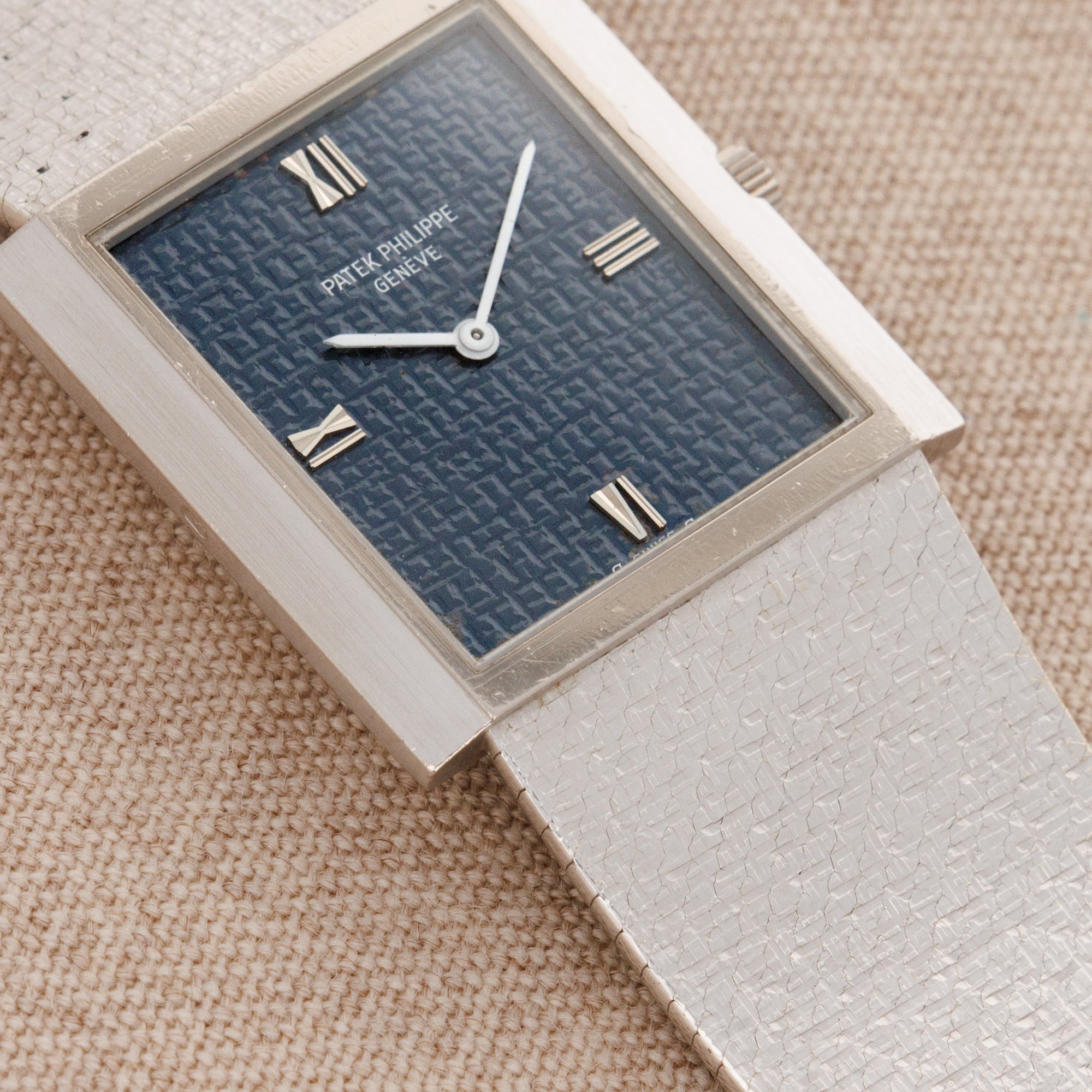 Patek Philippe - Patek Philippe White Gold Bracelet Watch Ref. 3571 with Rare Textured Blue Dial - The Keystone Watches